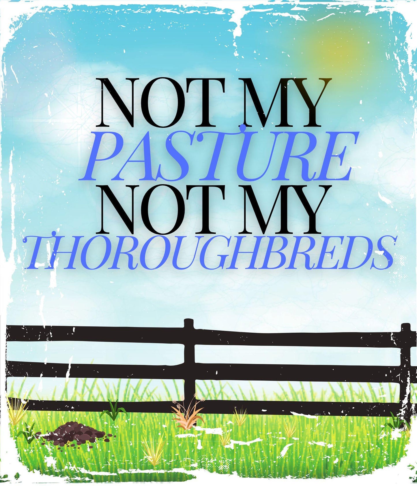 Fence with text 'Not my pasture, not my thoroughbreds' on a blue and green background