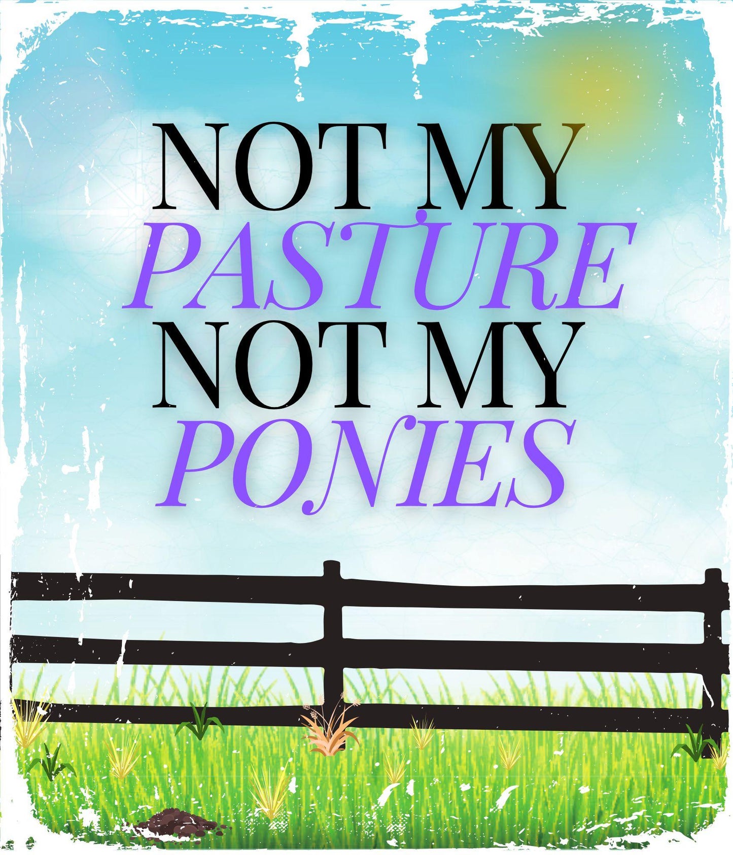 Fence with 'Not my pasture, not my ponies' text on a blue sky and green grass background
