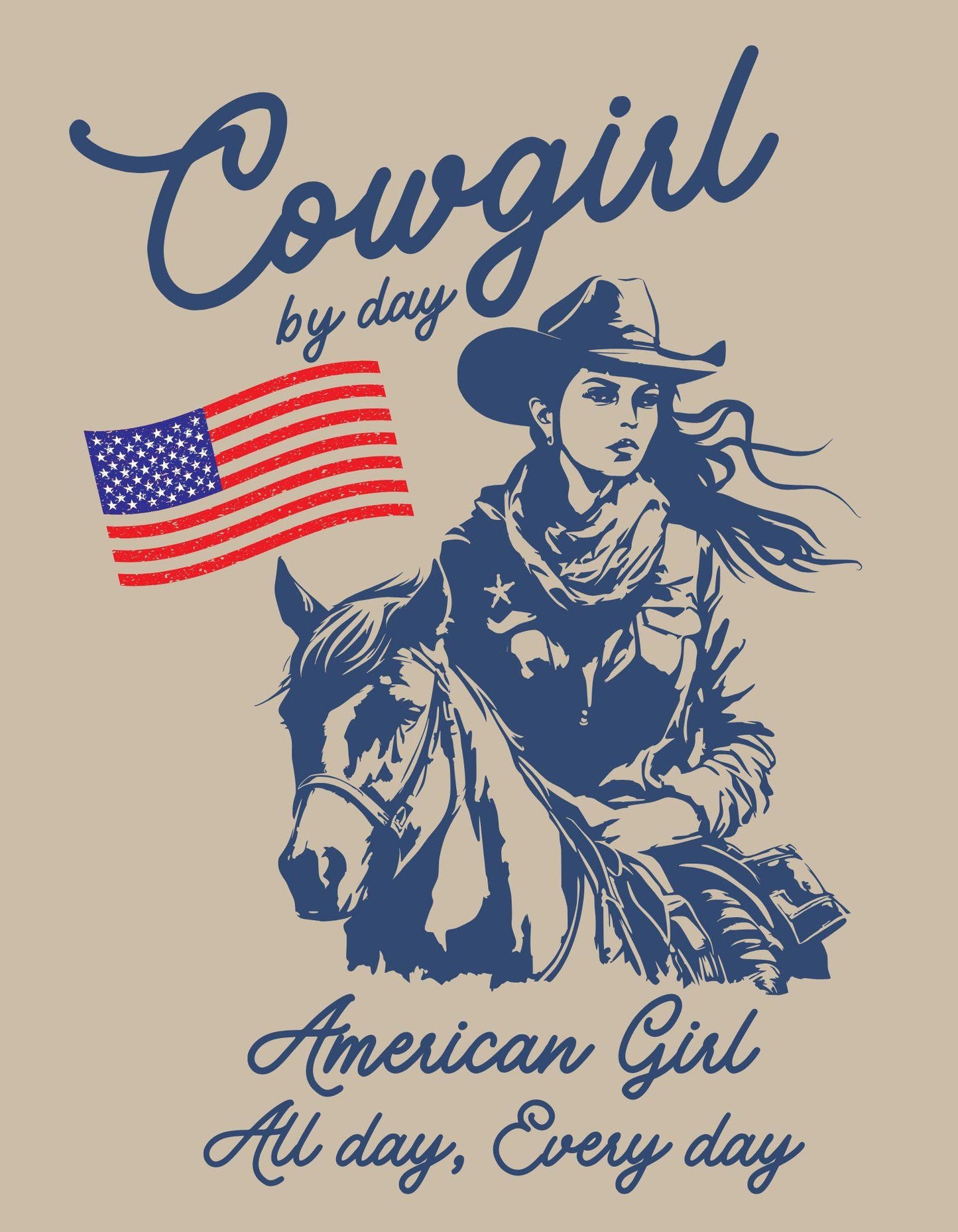 Design of a cowgirl riding a horse with an American flag on a beige background.