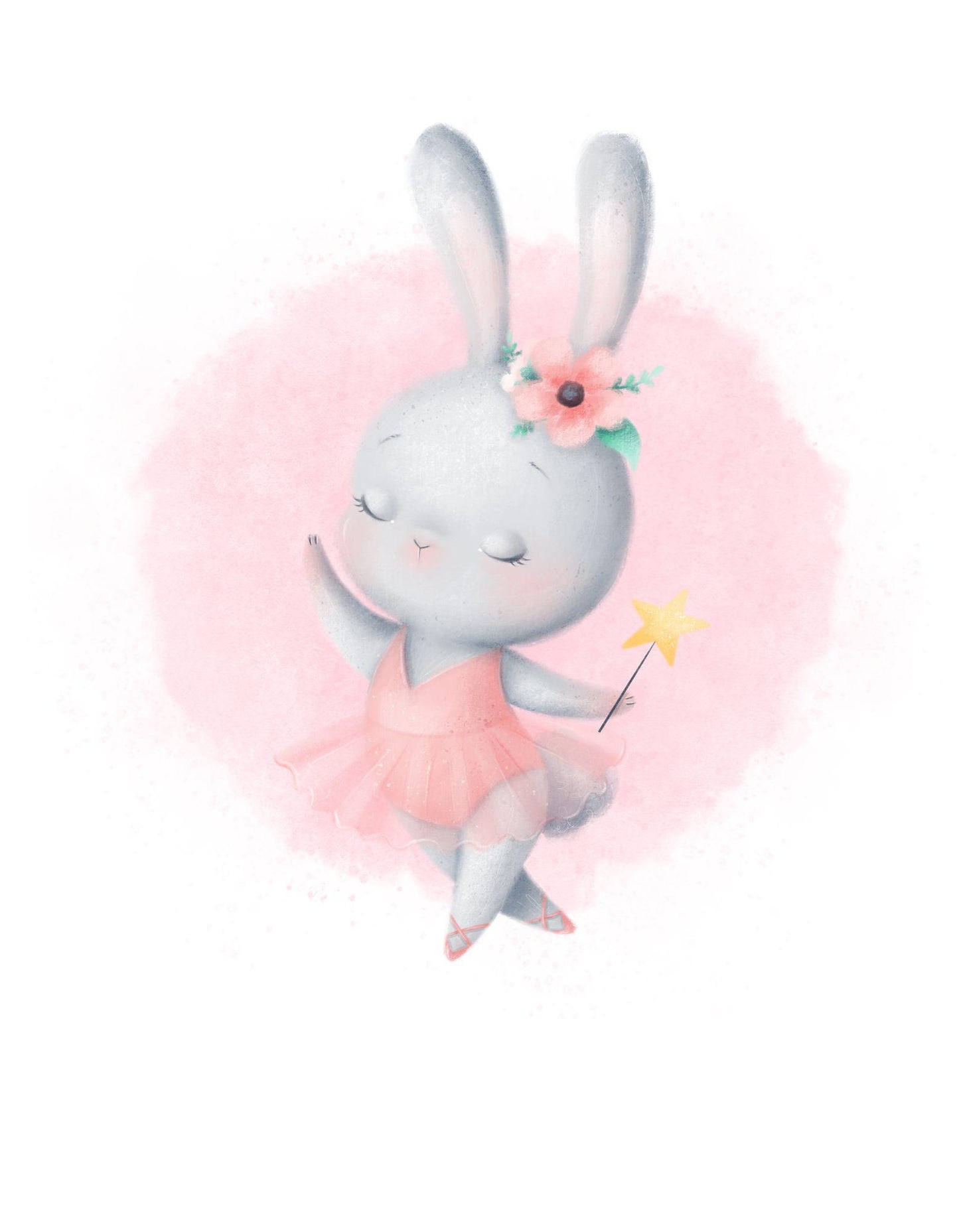 Cartoon bunny in a pink dress with a star wand on a light pink background