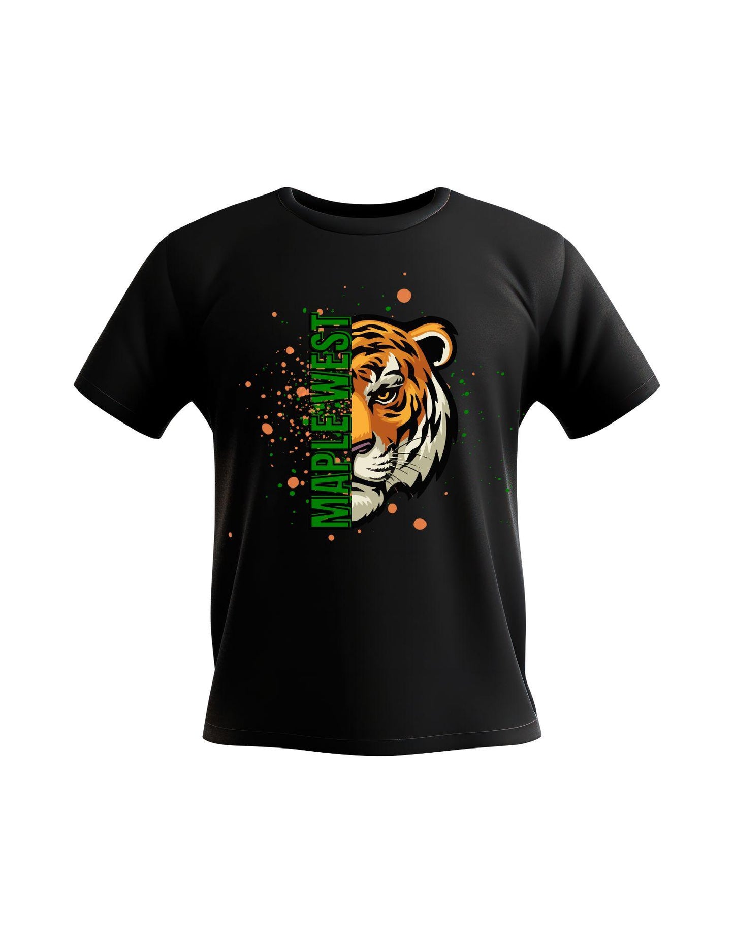 Black t-shirt with a tiger graphic and 'Maple West' text on a white background