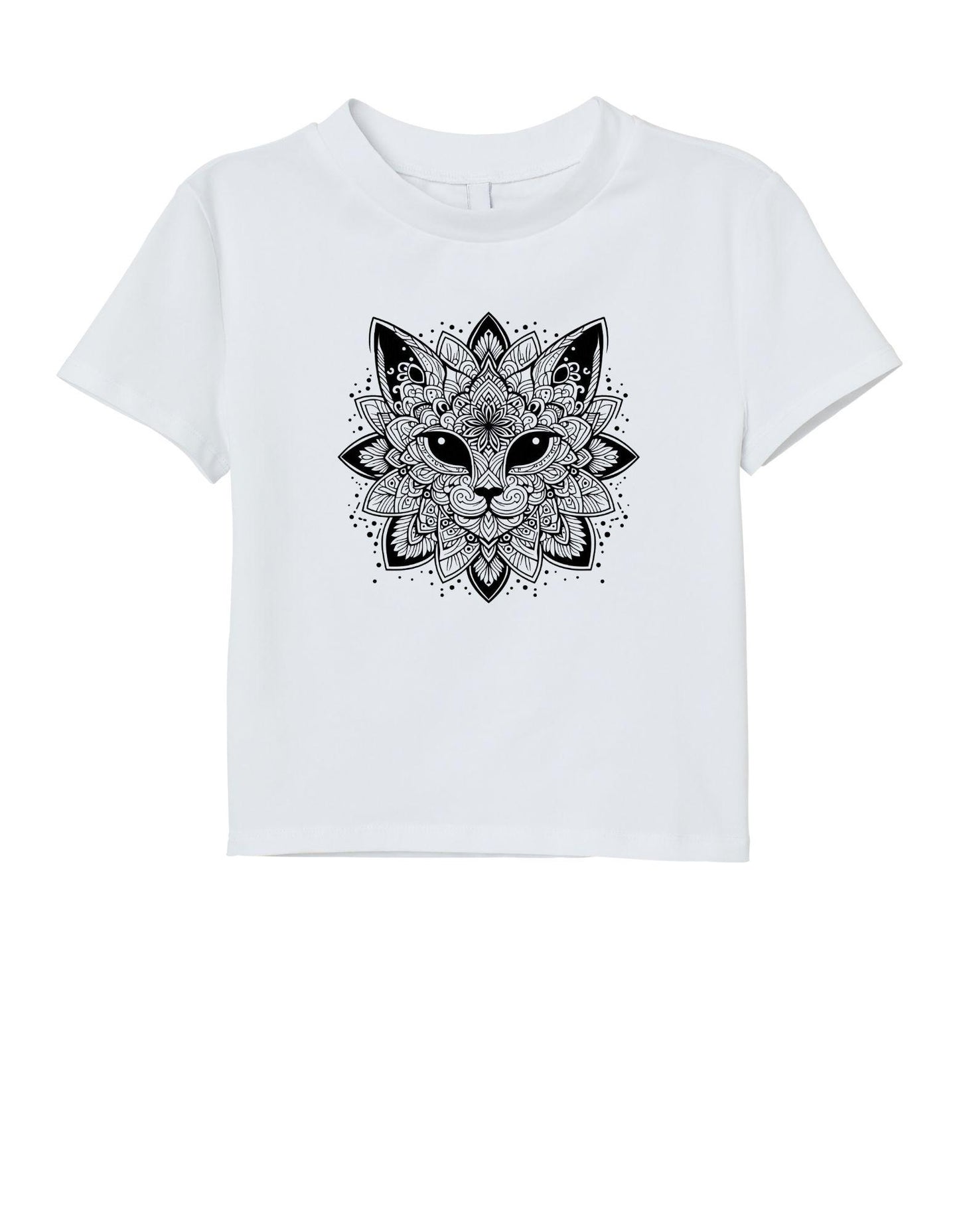 White t-shirt with black mandala fox design on a white background