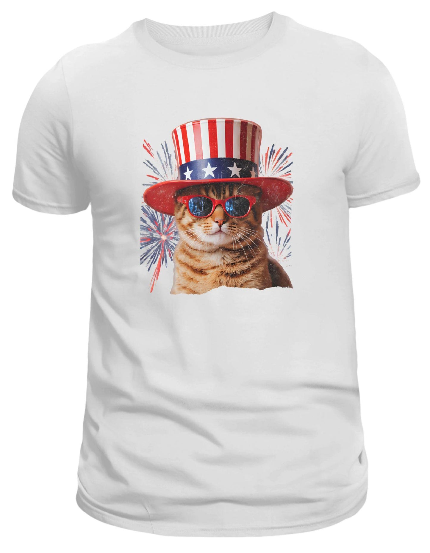 White t-shirt with a cat wearing an American flag hat and sunglasses design on a white background