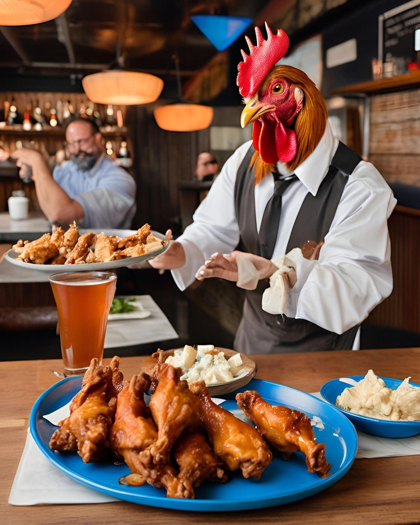 Person in a rooster head costume serving fried chicken and sides at a restaurant.