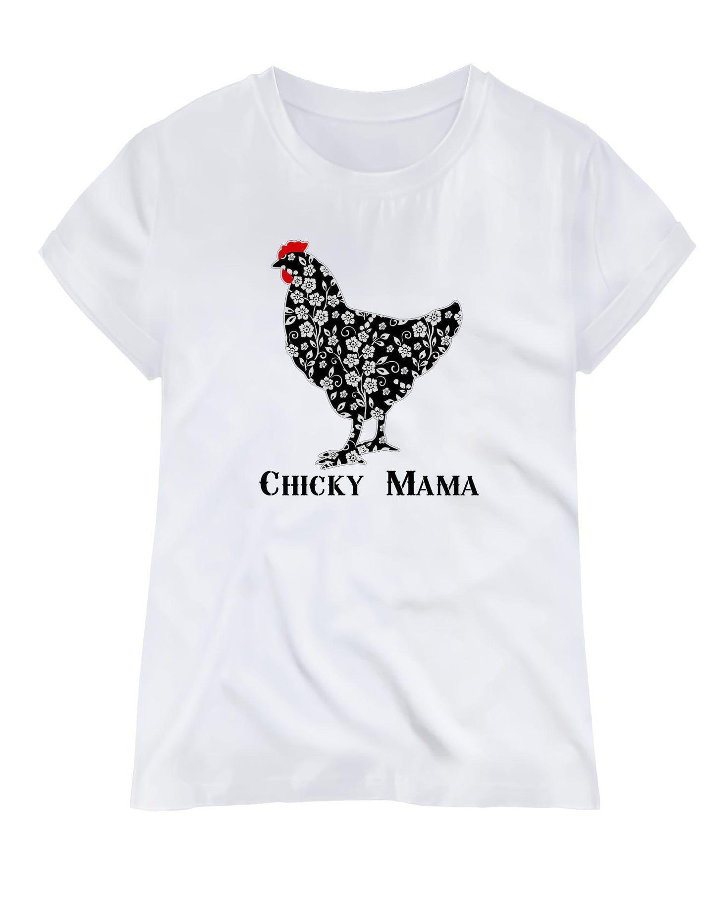 White t-shirt with a chicken graphic and 'Chicky Mama' text