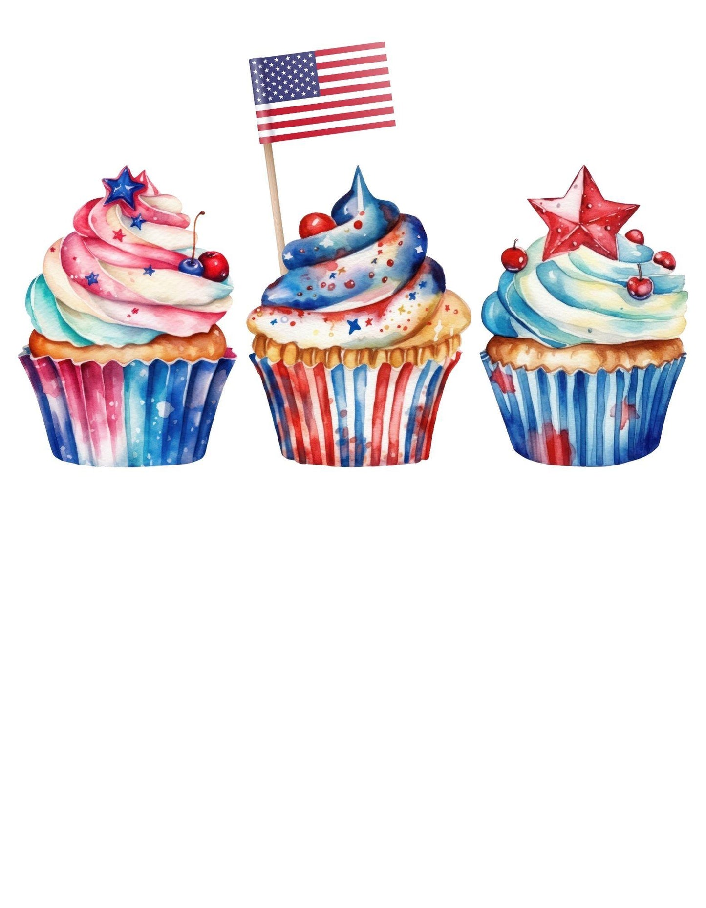 Three colorful cupcakes with American flag decorations on a white background