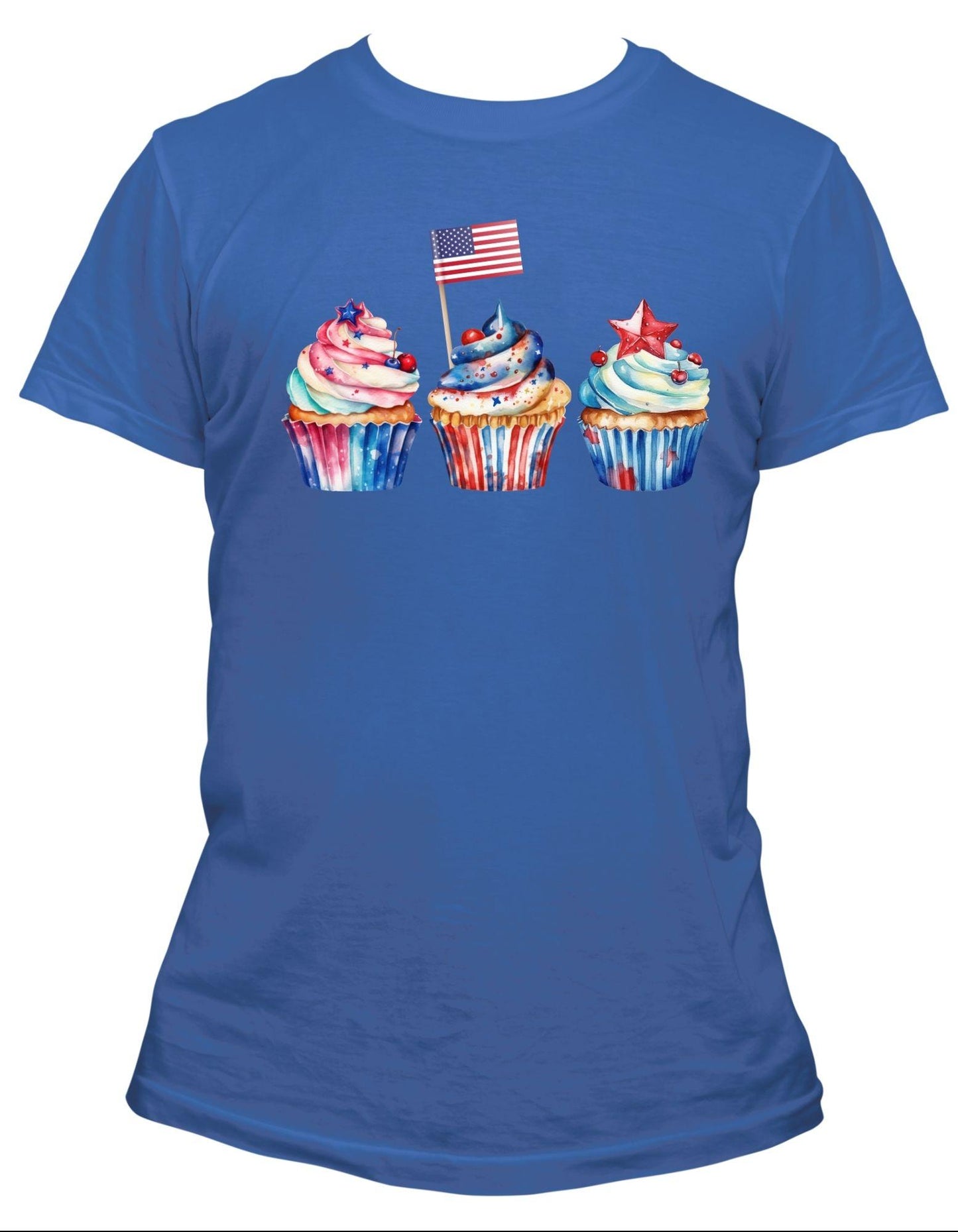 Blue t-shirt with colorful cupcakes and American flag design on a white background