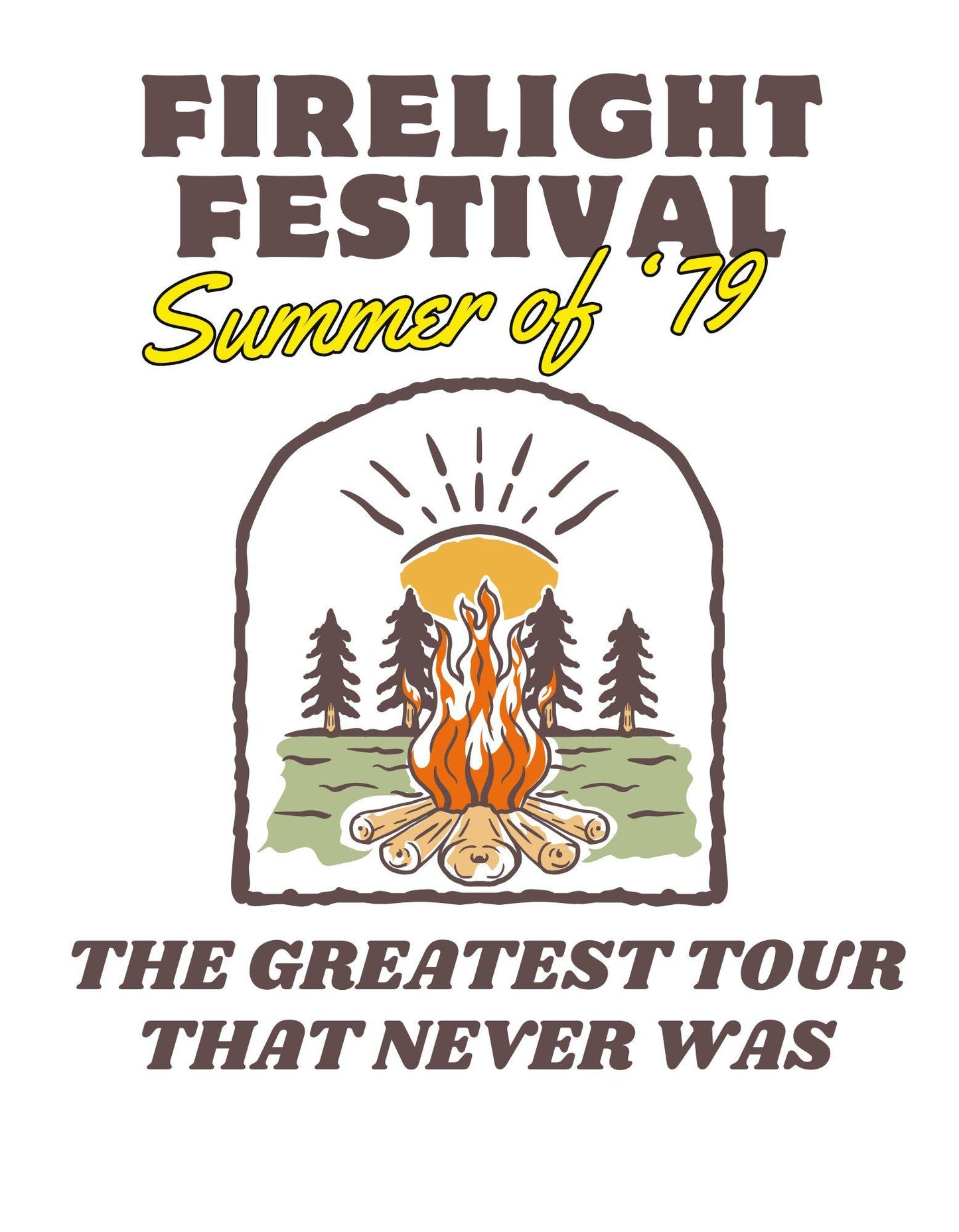 Firelight Festival Summer of '79 logo with a campfire and trees on a white background