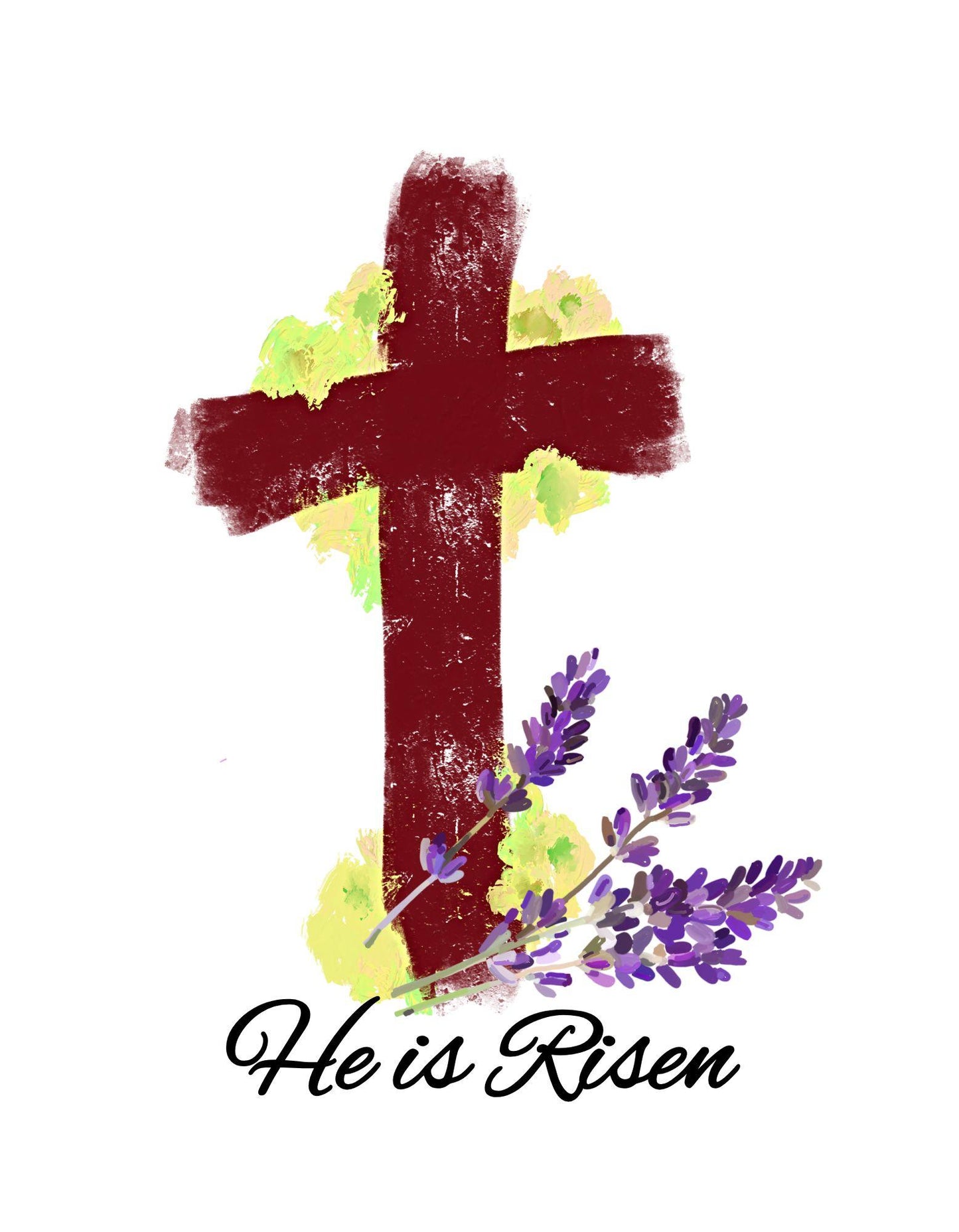 Red cross with flowers and 'He is Risen' text on a white background