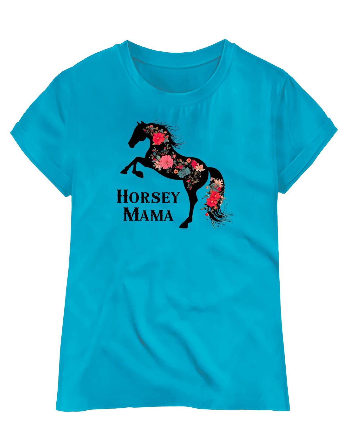 Turquoise t-shirt with a horse graphic and 'Horsey Mama' text on a white background