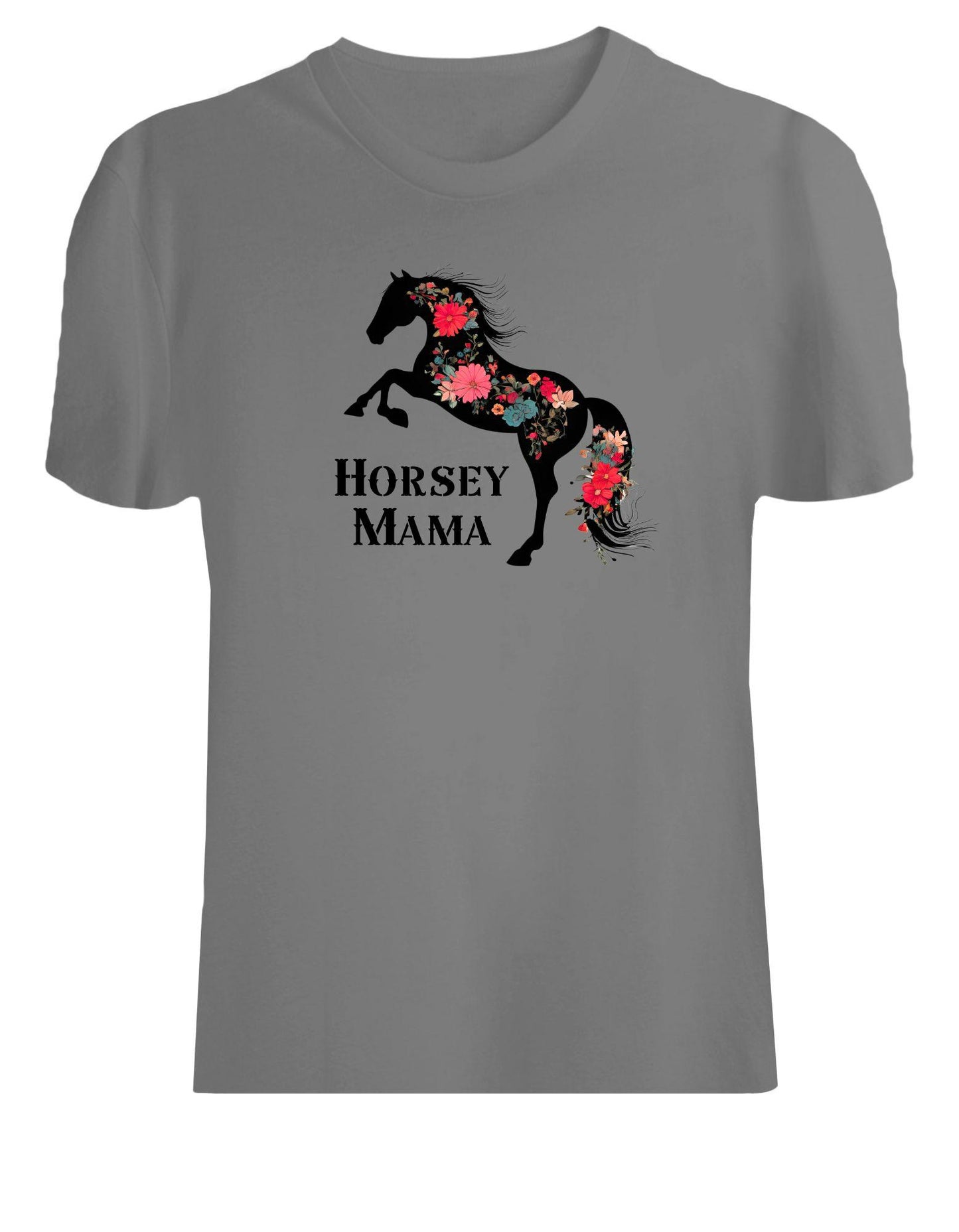 Gray t-shirt with a horse graphic and 'Horsey Mama' text on a white background