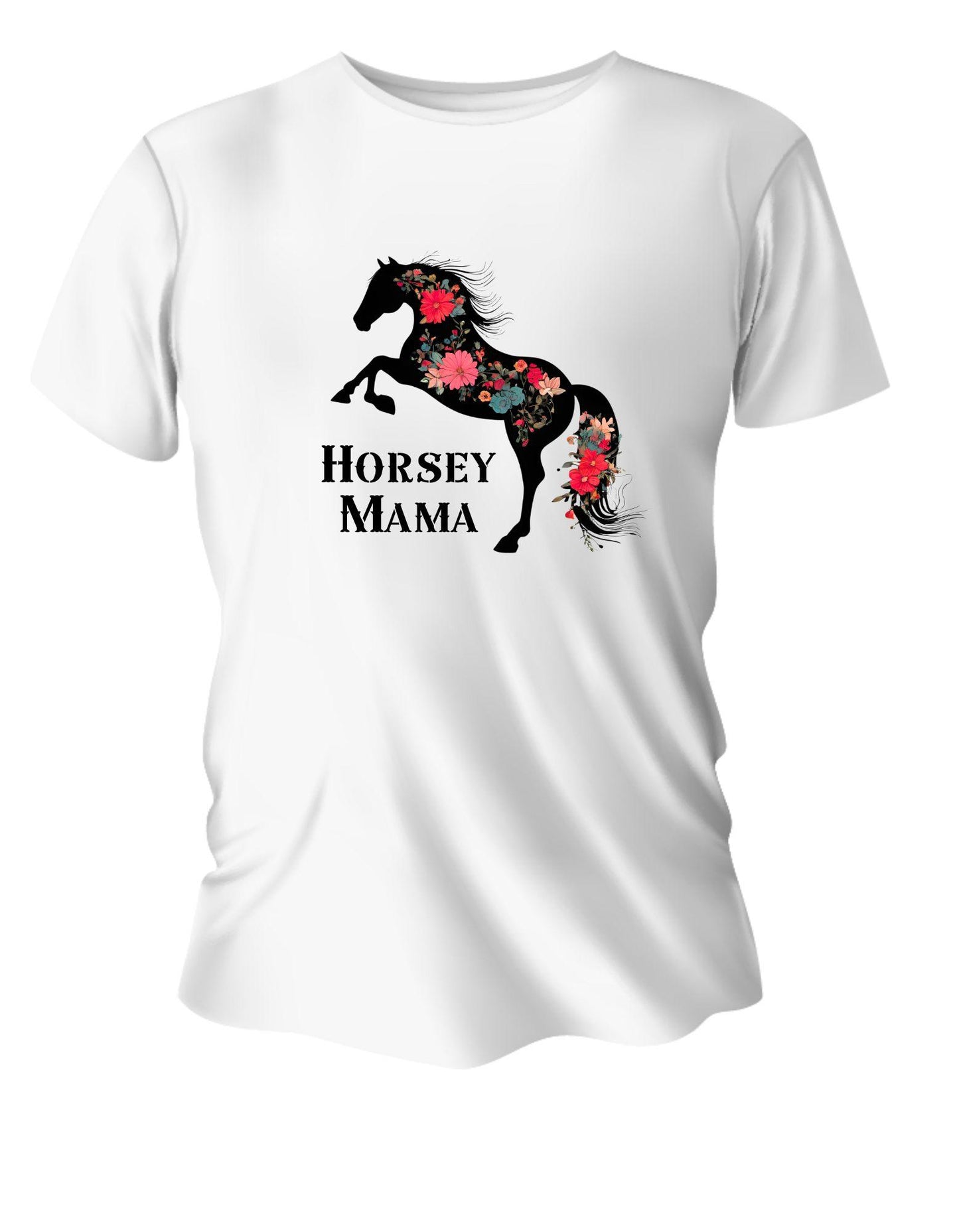White t-shirt with a black horse graphic and 'Horsey Mama' text on a white background