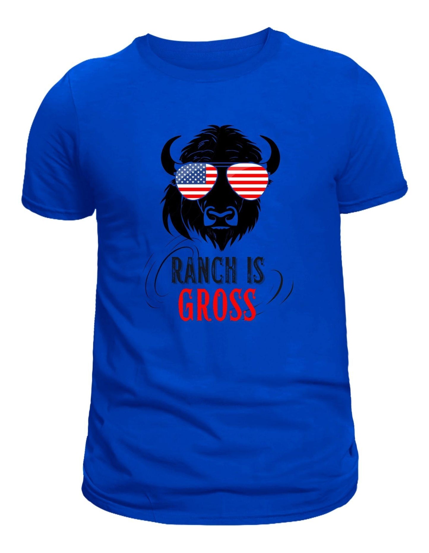 Blue t-shirt with a graphic of a bison wearing sunglasses and text 'Ranch is Gross' on a white background