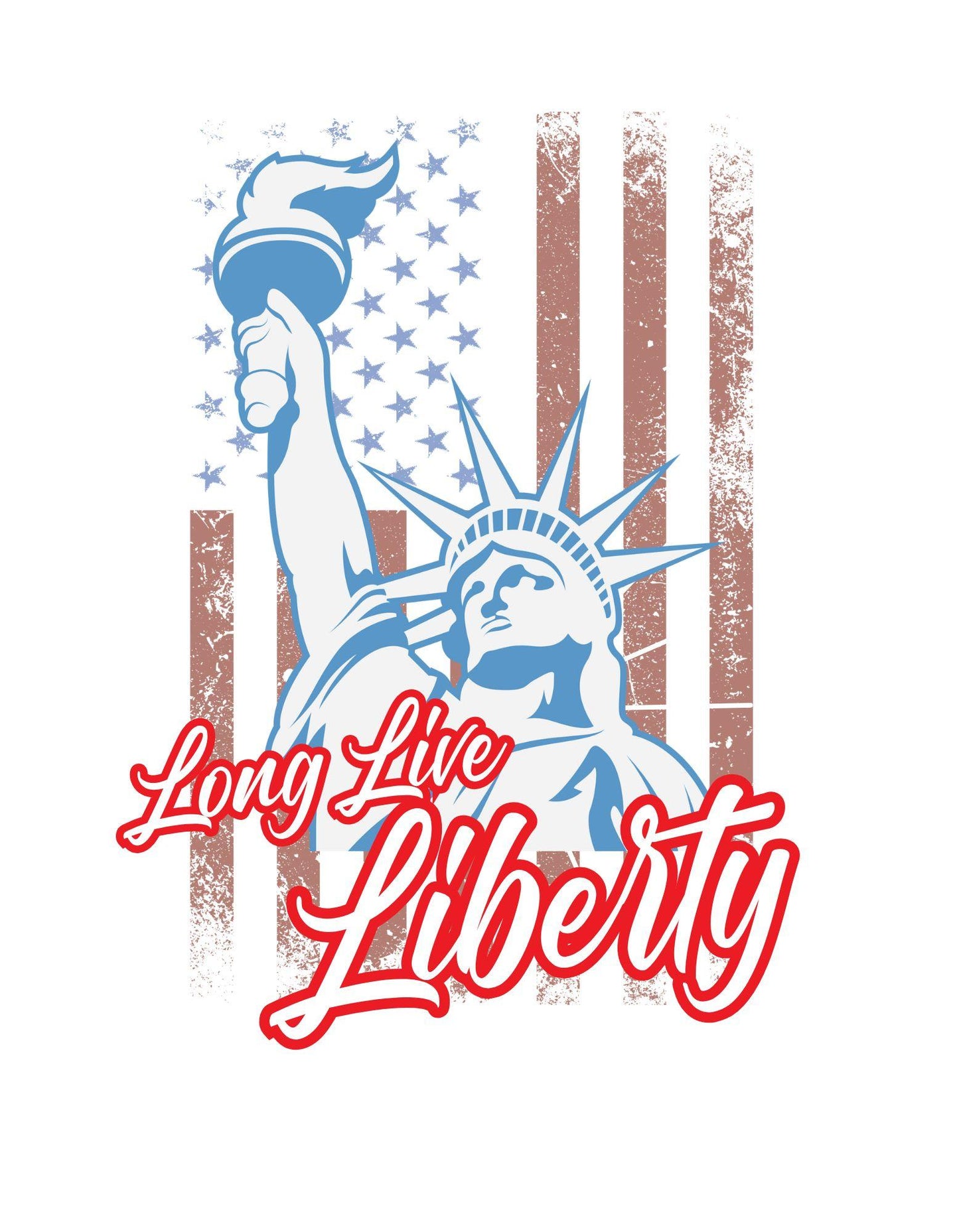 Design with Statue of Liberty and 'Long Live Liberty' text on a flag background