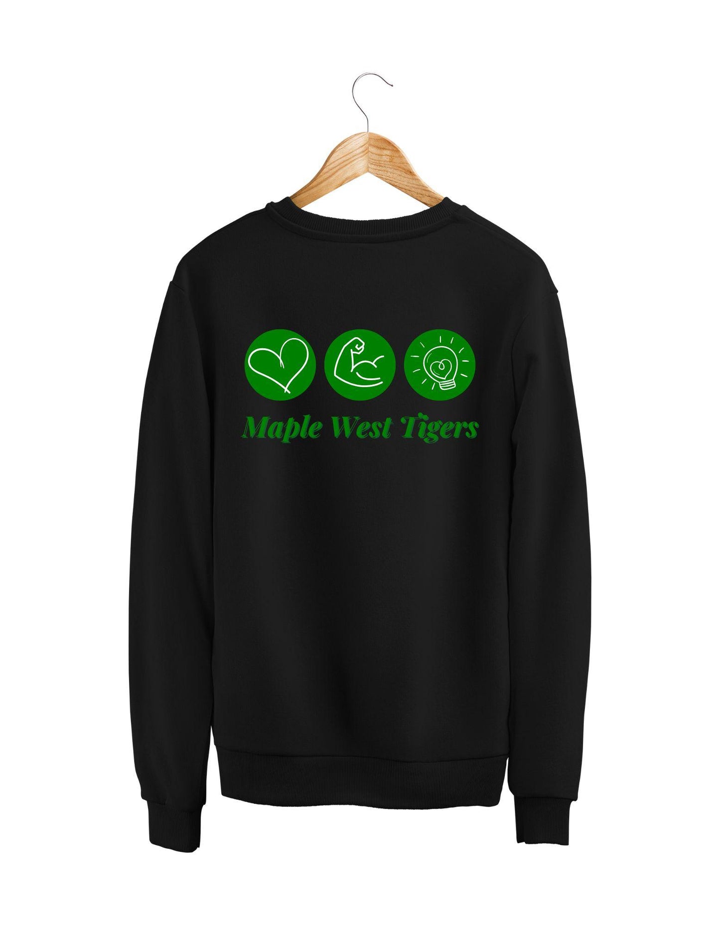 Black sweatshirt with green graphics and text on a white background