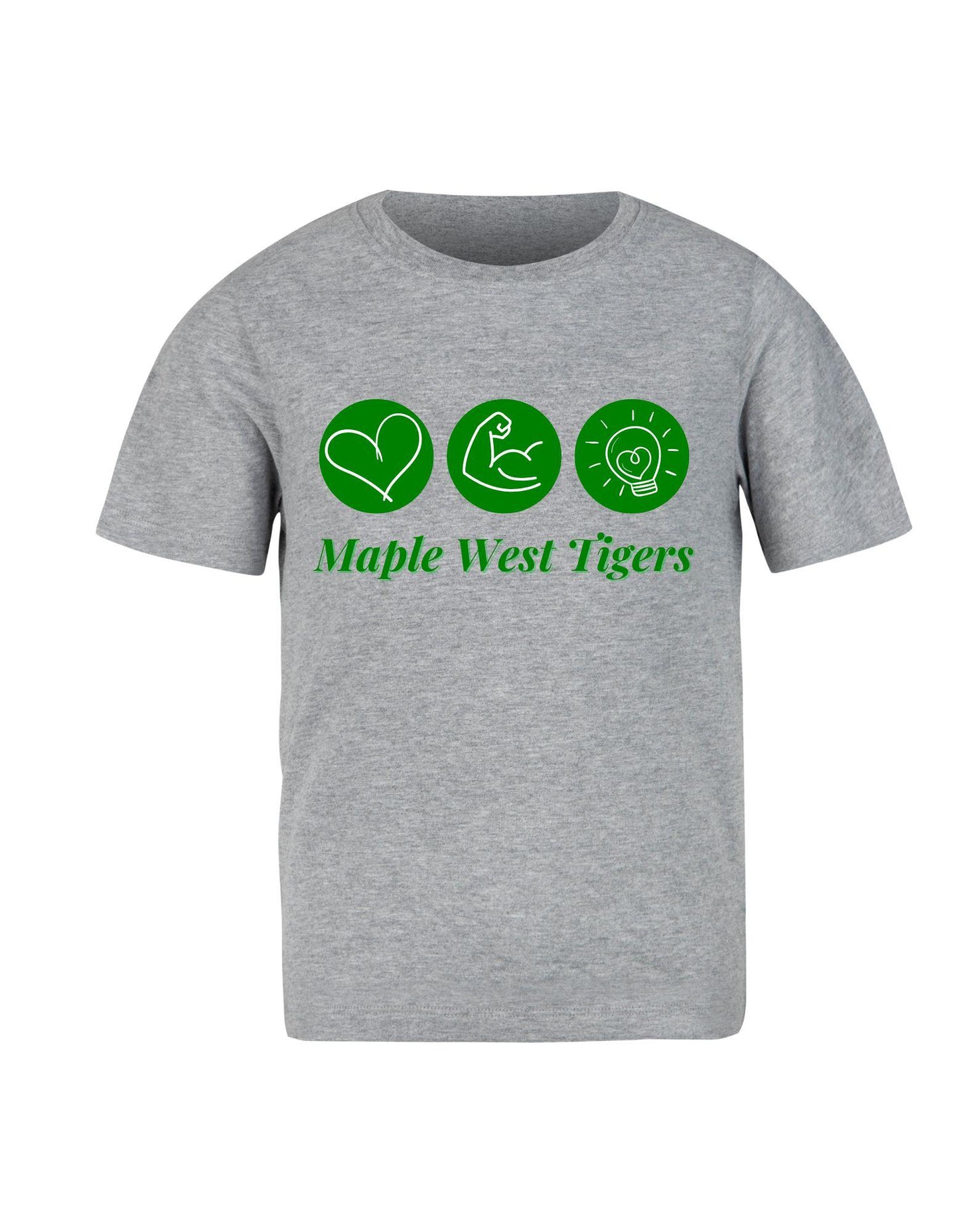 Gray t-shirt with green graphics and text 'Maple West Tigers' on a white background