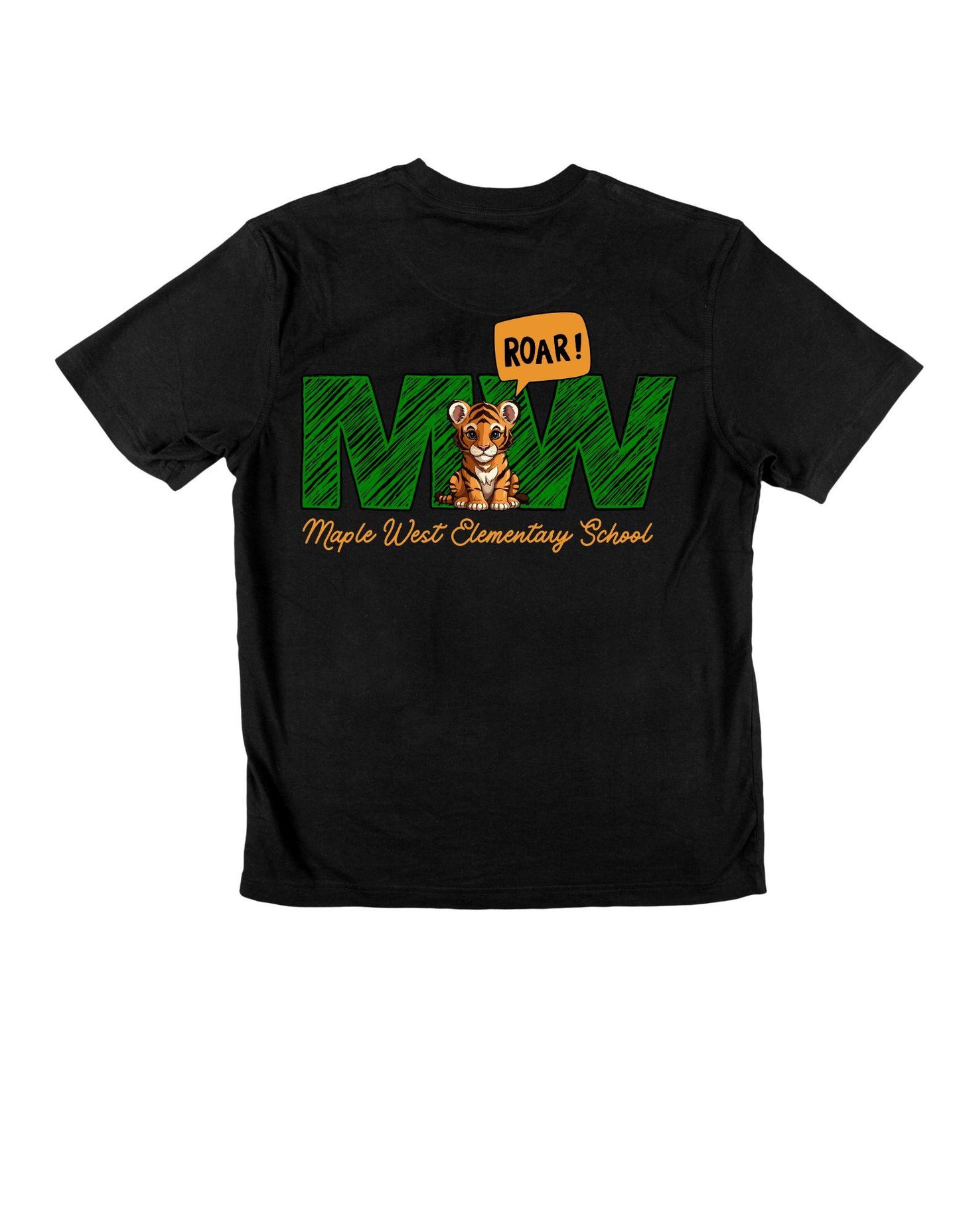 Black t-shirt with 'Maple West Elementary School' logo featuring a tiger and 'ROAR!' text on a white background.