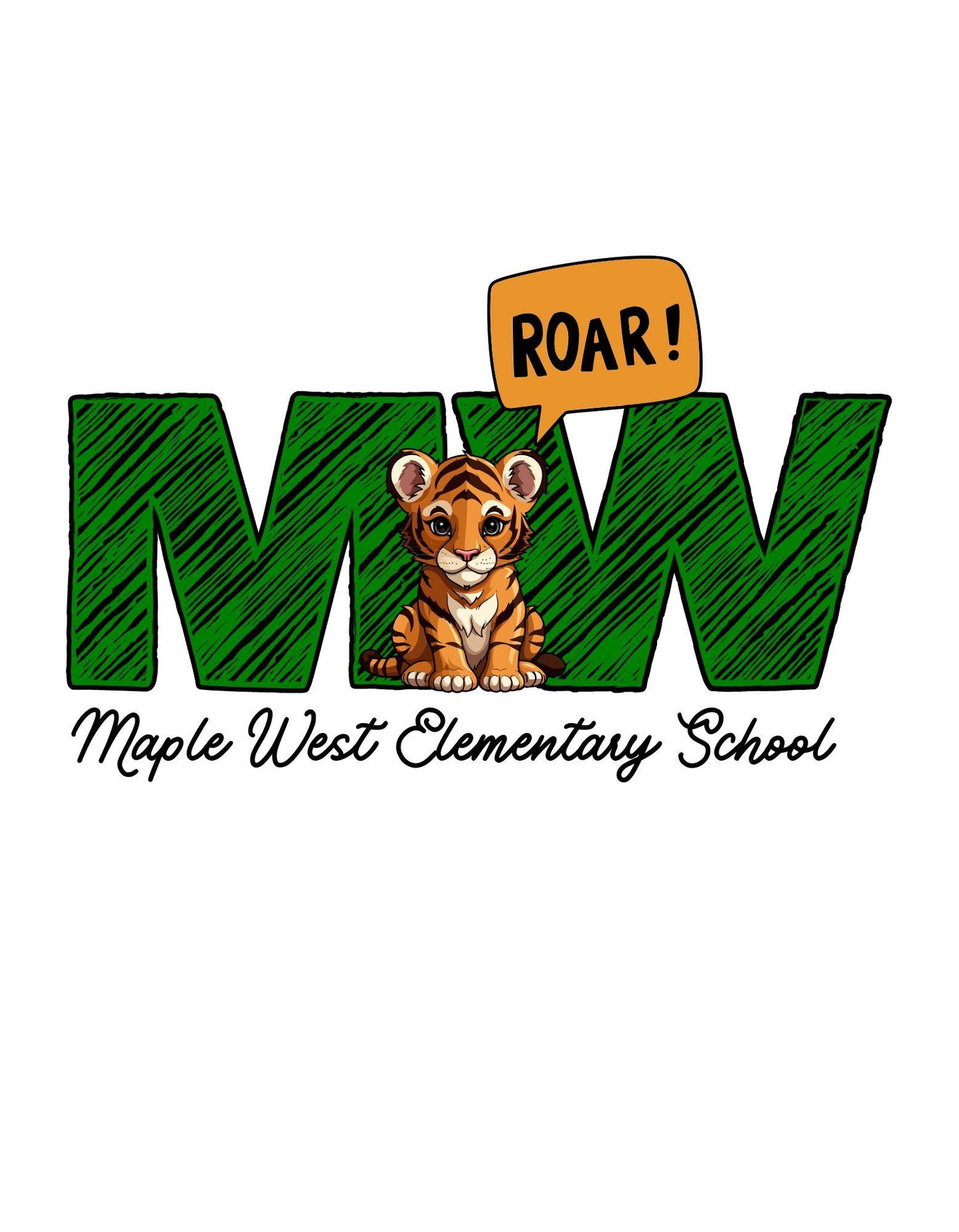 Logo of Maple West Elementary School with a tiger and 'Roar!' text on a white background