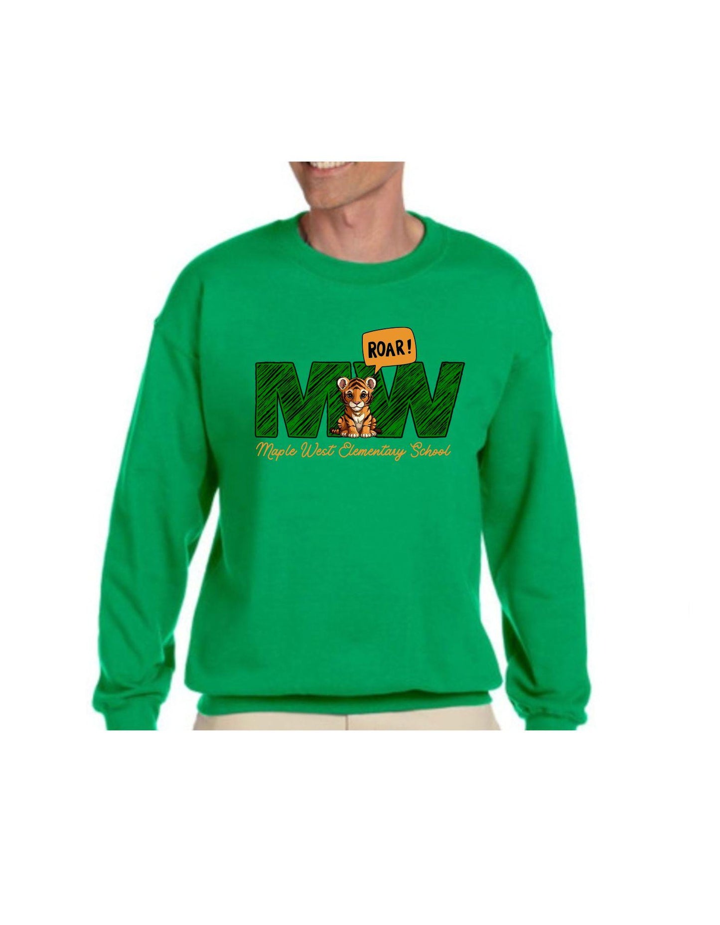 Person wearing a green sweatshirt with a graphic design on a white background