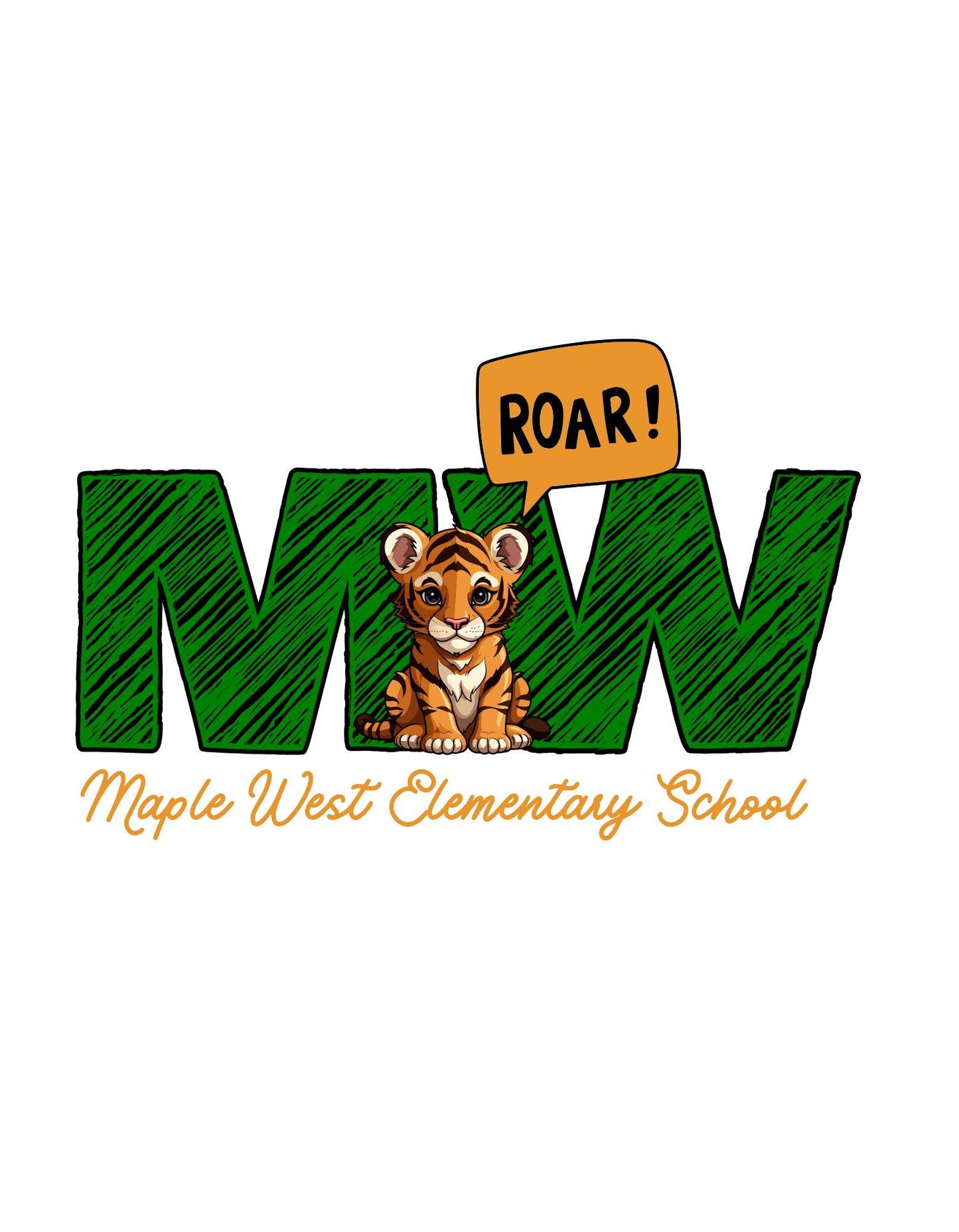 Elementary school logo with a tiger and 'Roar!' text on a white background