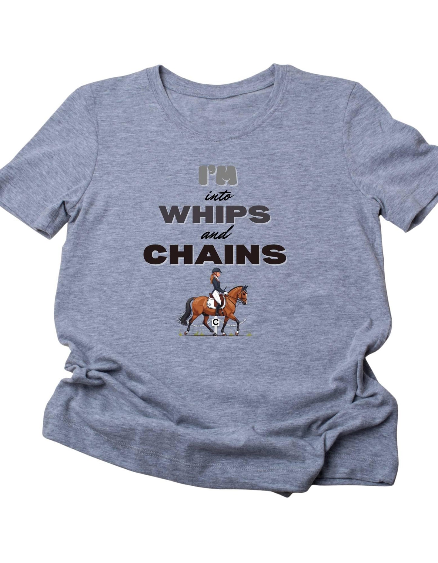 Gray t-shirt with equestrian graphic and text on a white background