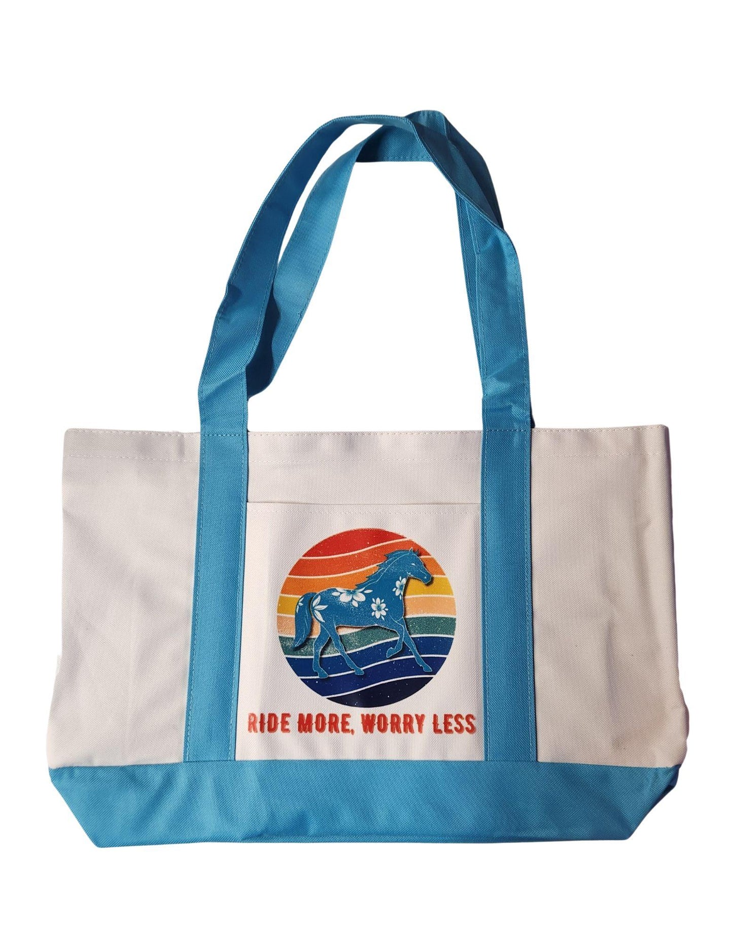 Tote bag with horse graphic and 'Ride More, Worry Less' text on a white background