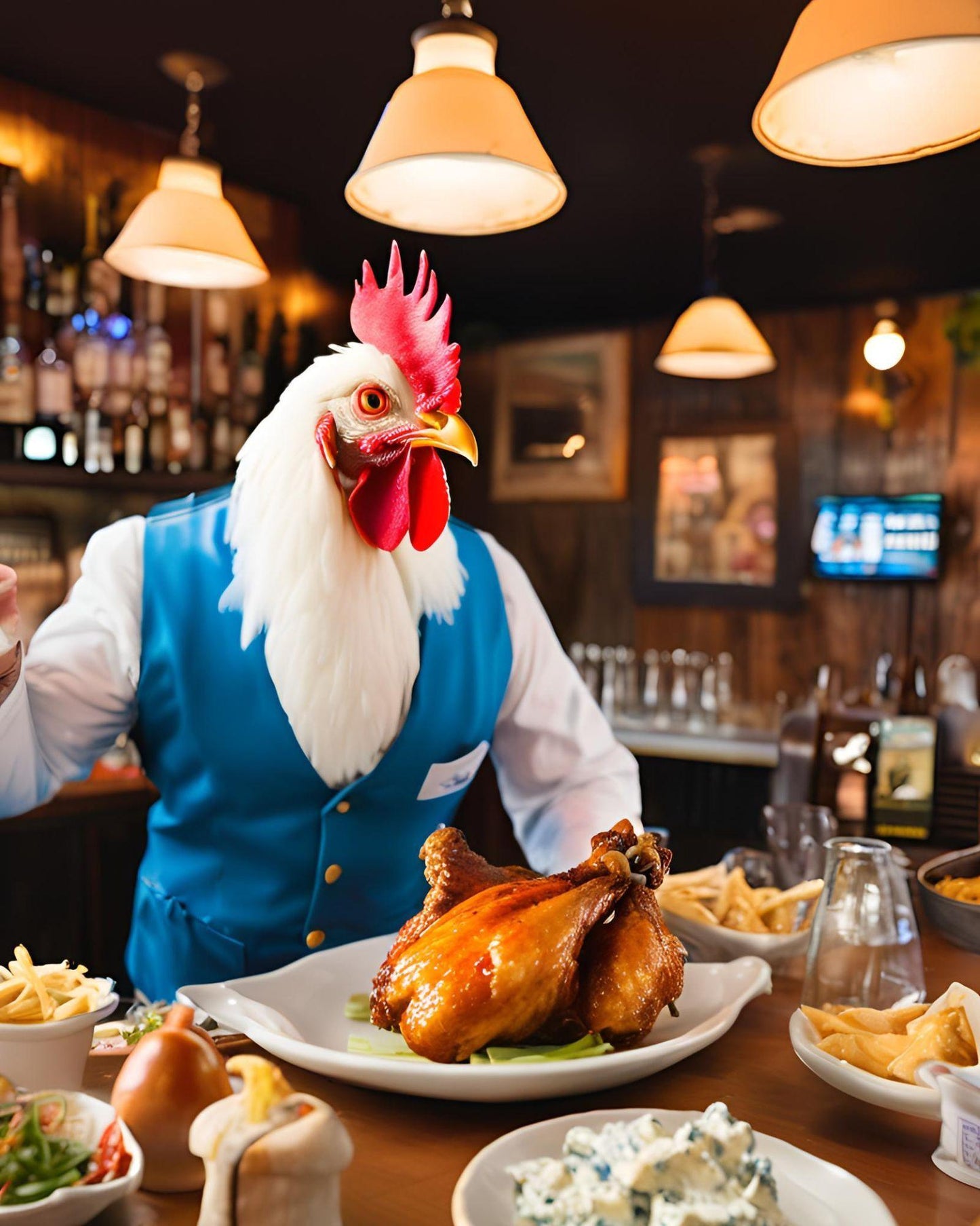 Person in a chicken costume standing behind a table with food in a bar setting