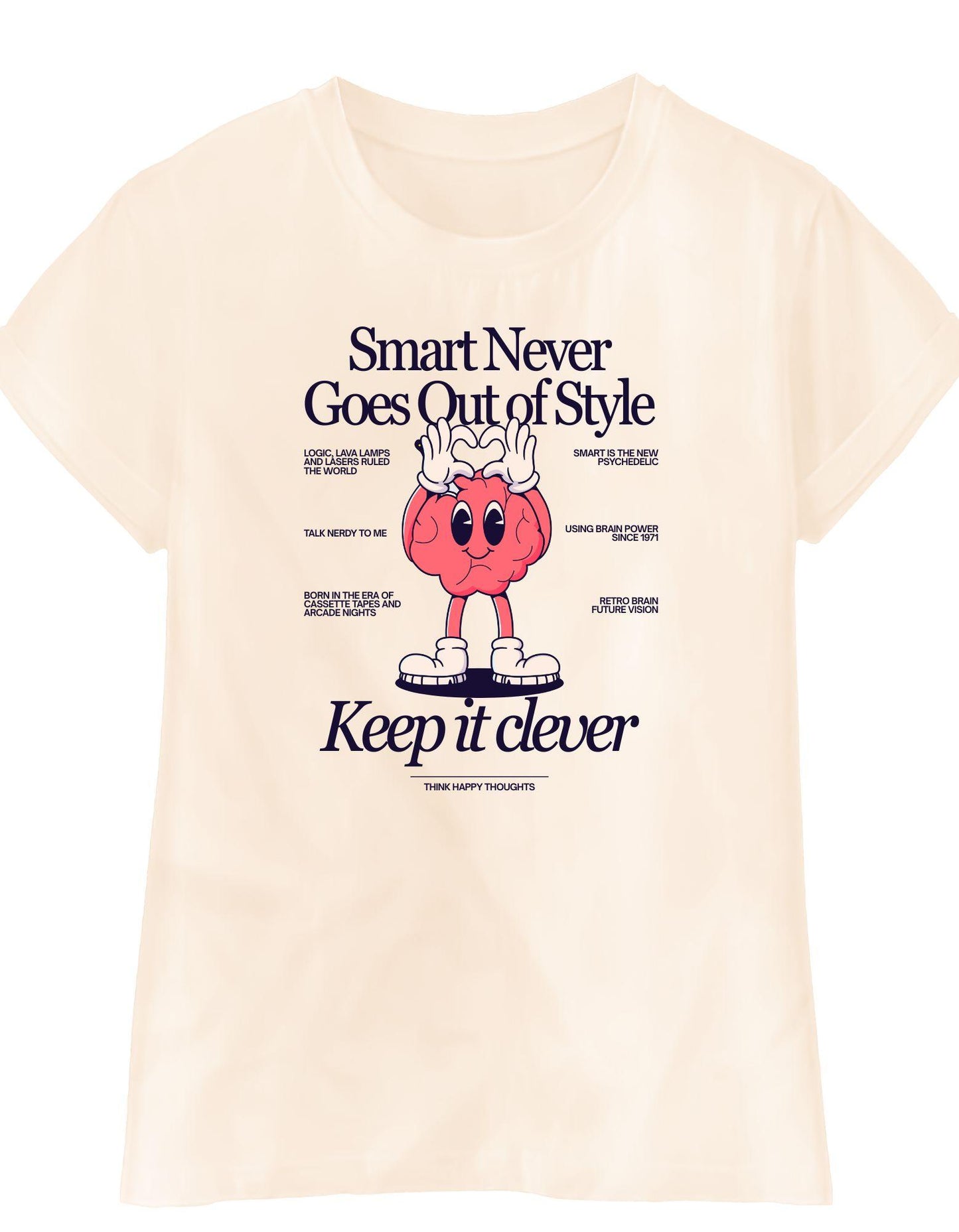 Beige t-shirt with a cartoon character and text on a white background