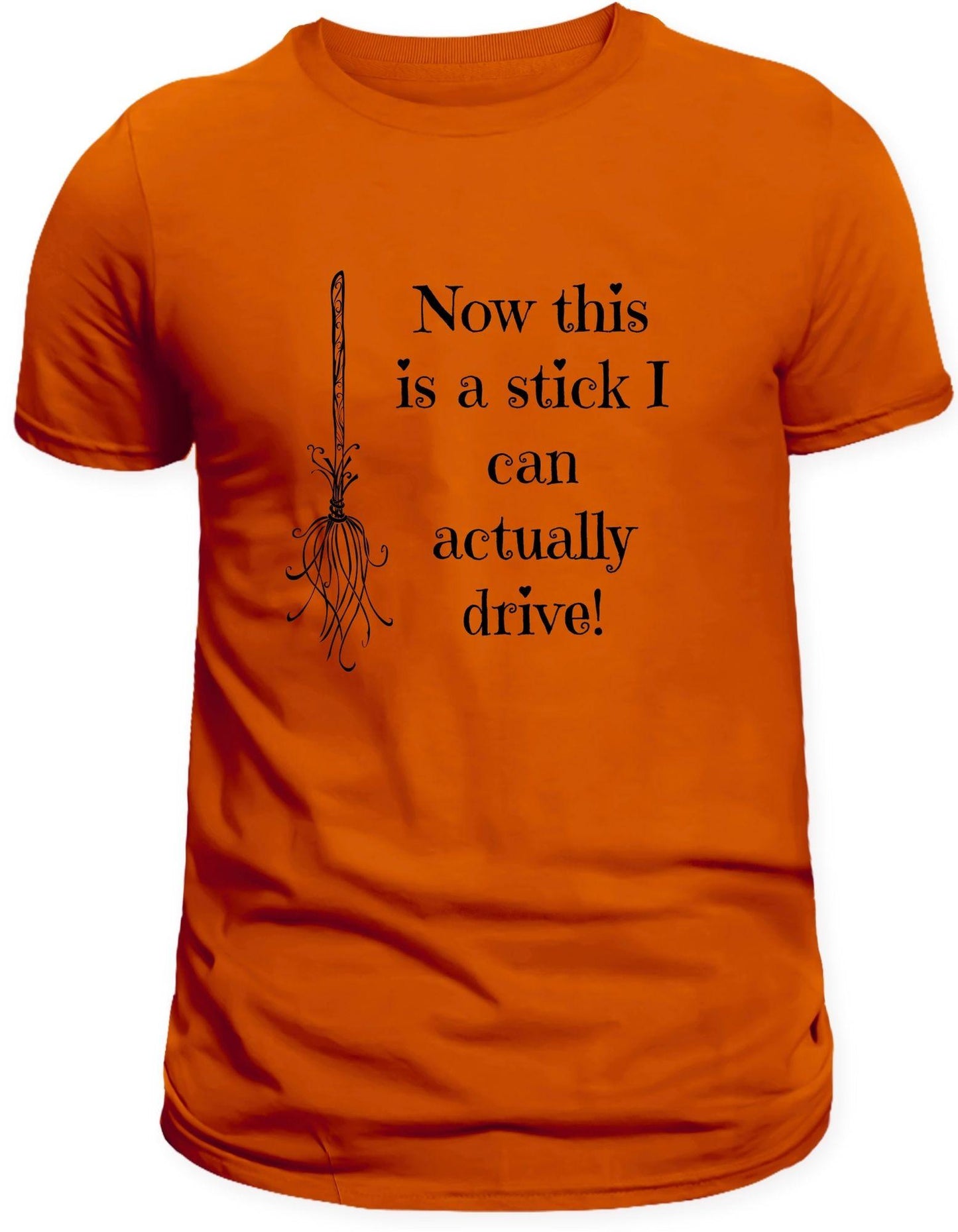 Orange t-shirt with black text and graphic on a white background
