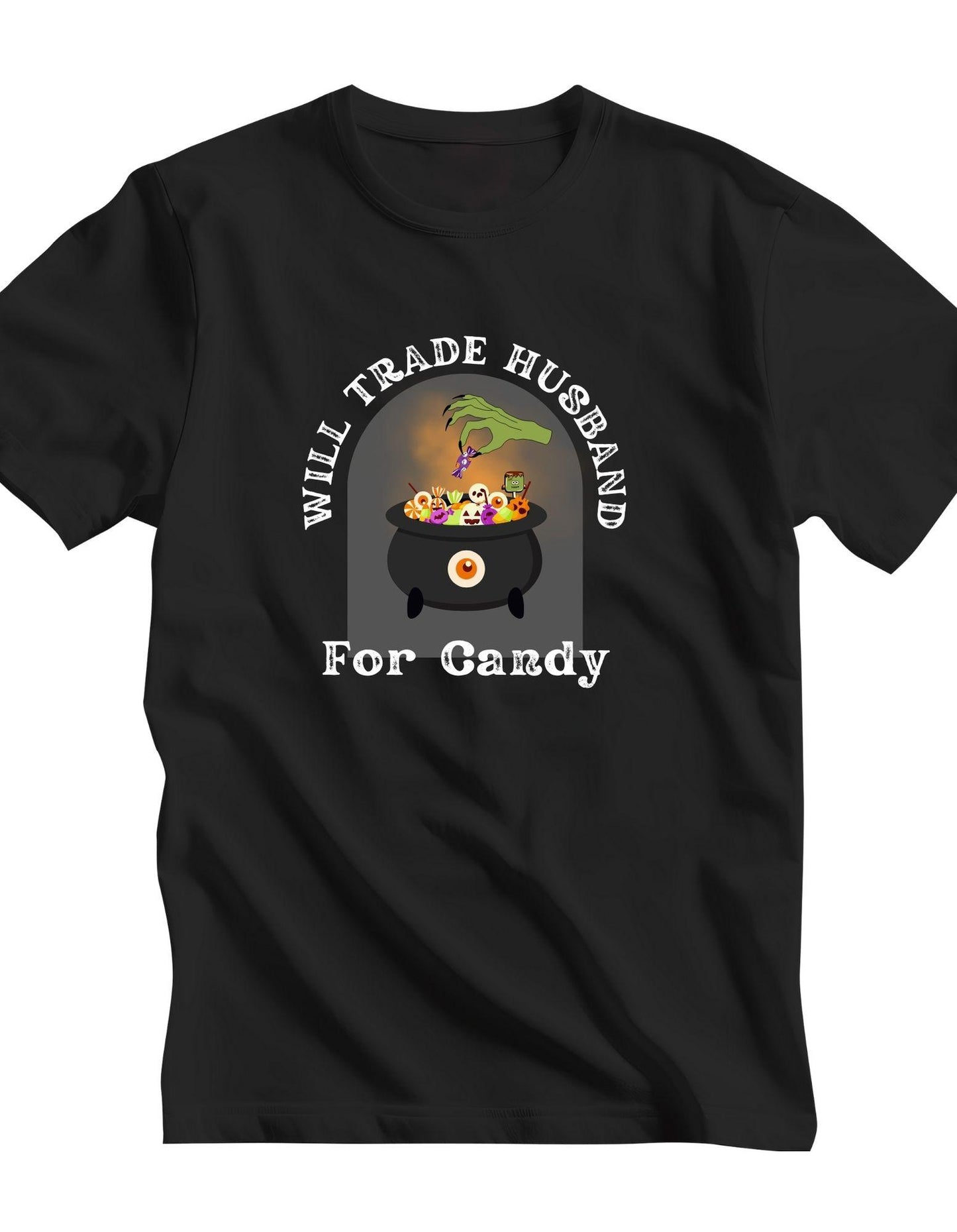 Black t-shirt with Halloween-themed graphic and text on a white background