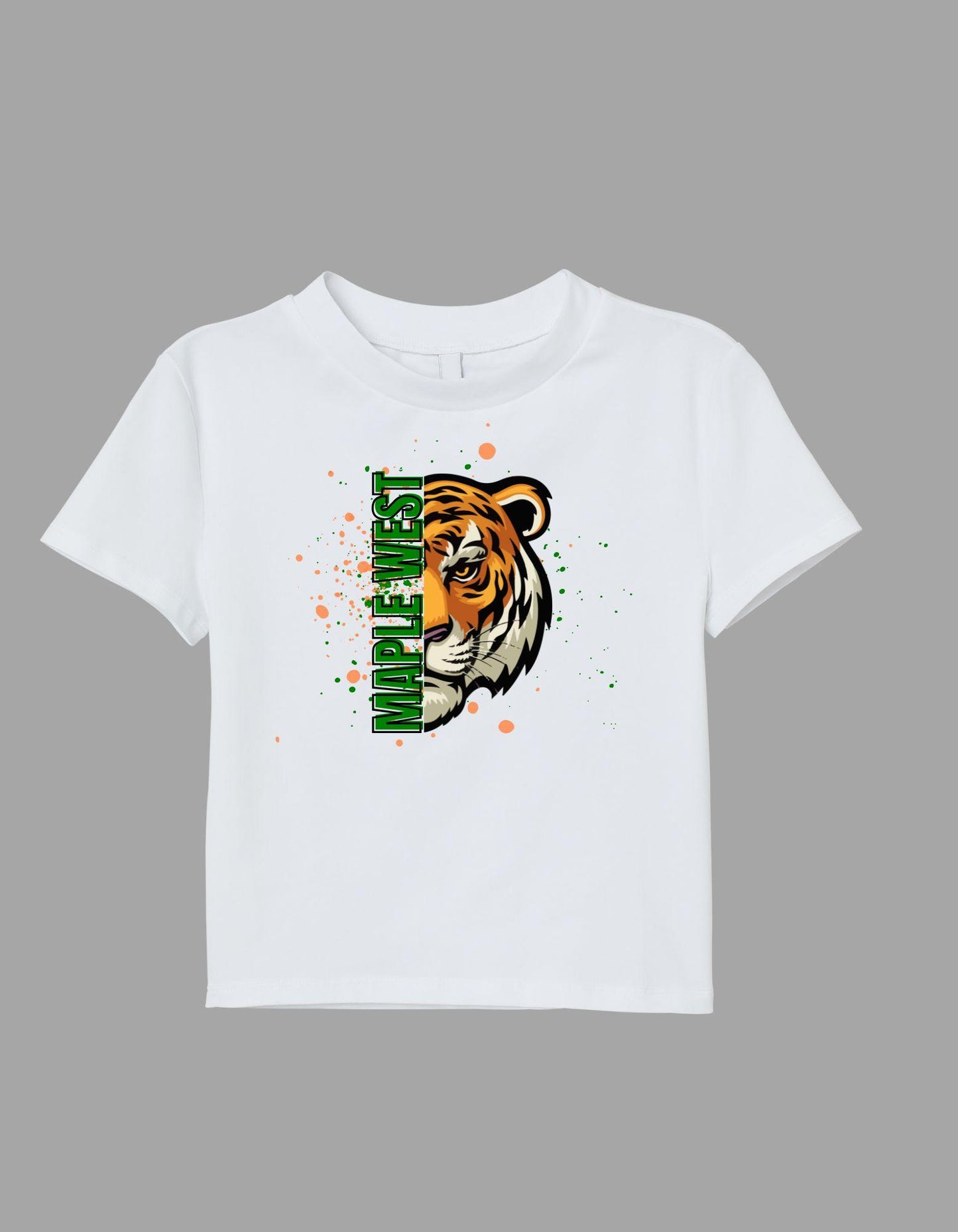White t-shirt with a tiger graphic and 'Maple West' text on a gray background