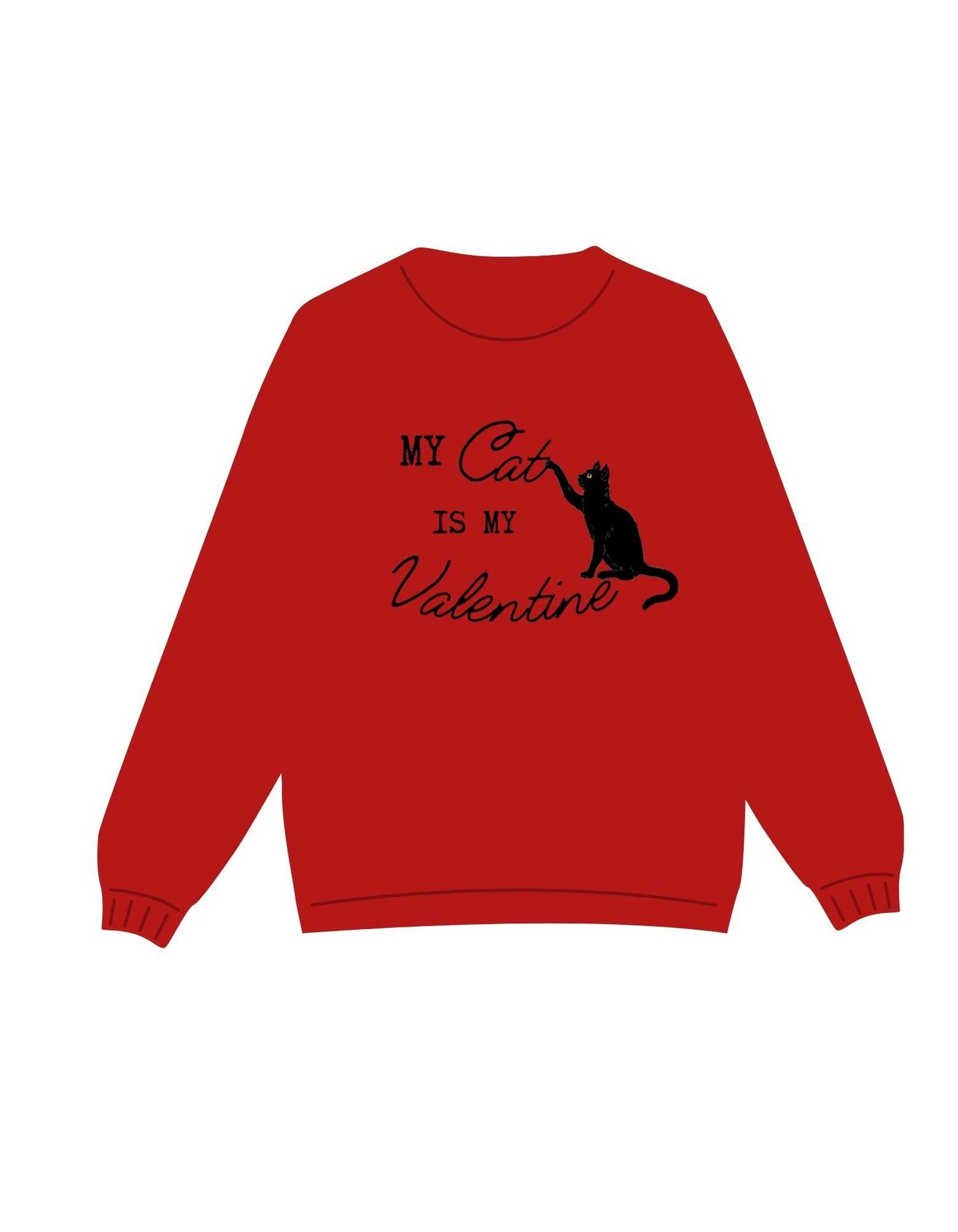 Red sweatshirt with black text and cat silhouette on a white background