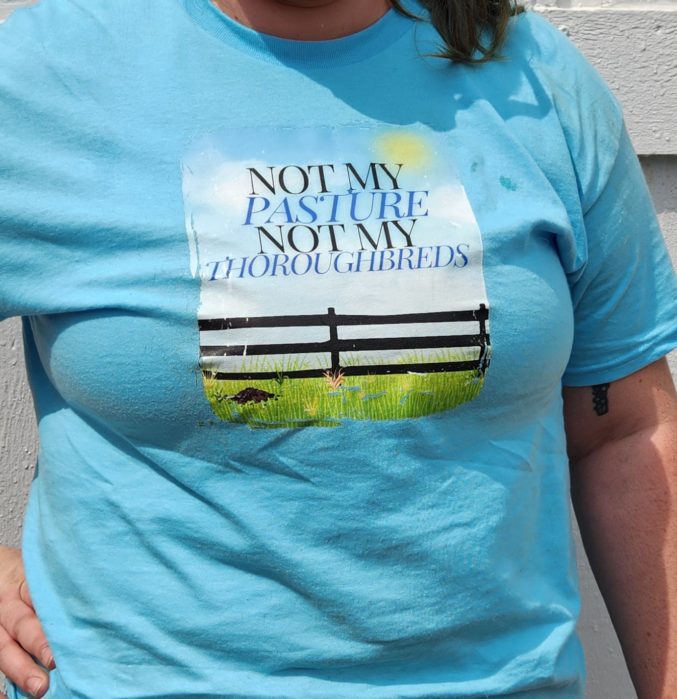A light blue T-shirt with the text 'NOT MY PASTURE NOT MY THOROUGHBREDS' printed on the front.
