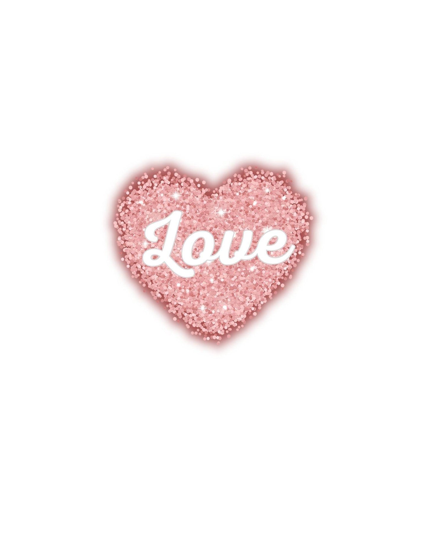 Pink glittery heart with 'Love' text on a white background