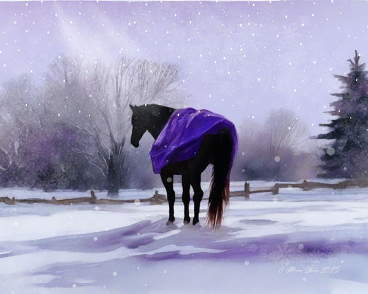 Winter scene of a horse wearing a purple blanket standing on a snowy hill