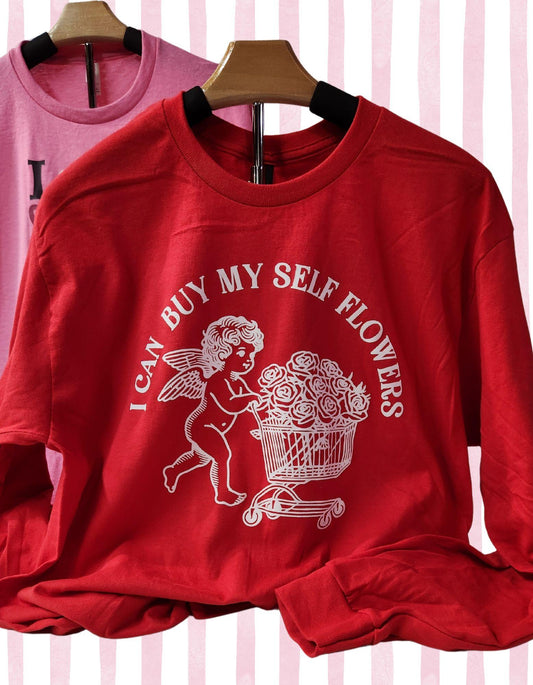 Red sweatshirt with a graphic design and text on a striped background