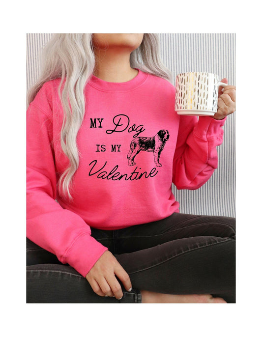 Person wearing a pink sweatshirt with 'My Dog is My Valentine' text and holding a mug.