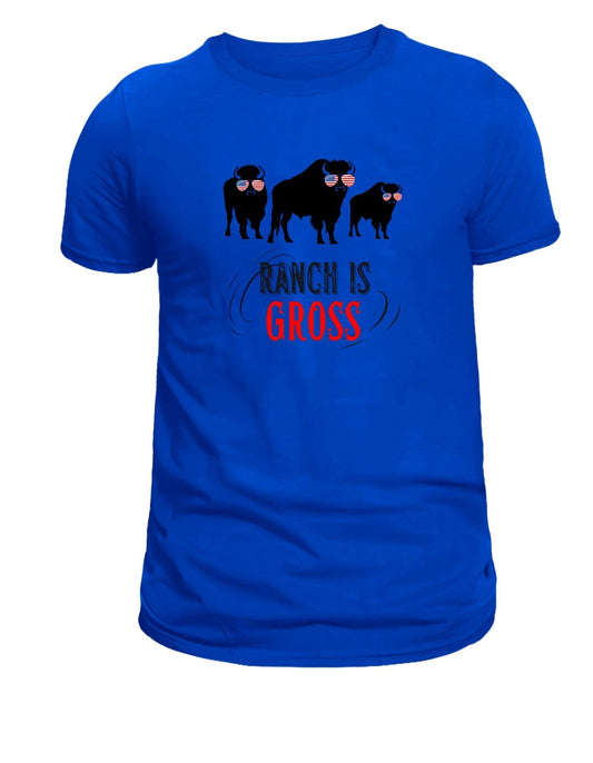 Blue t-shirt with graphic of three bison and text 'Ranch is Gross' on a white background