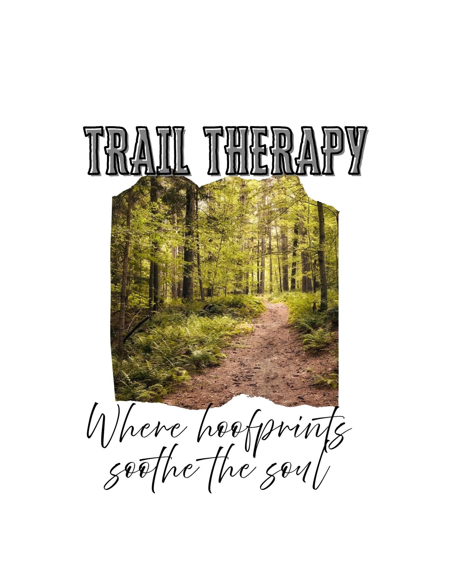 Forest path with 'Trail Therapy' text on a white background