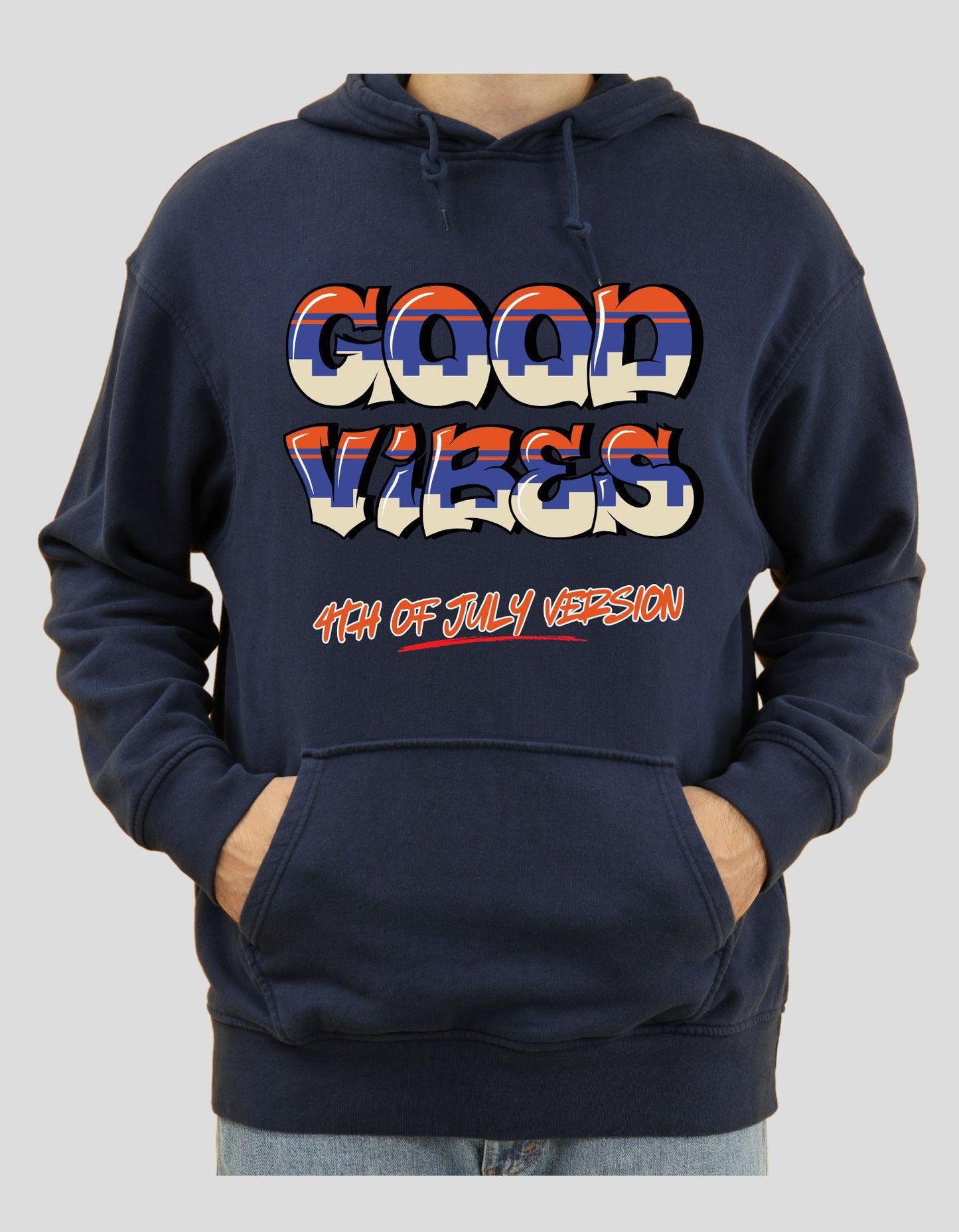 Navy blue hoodie with 'GOOD VIBES' text in multicolor on a gray background