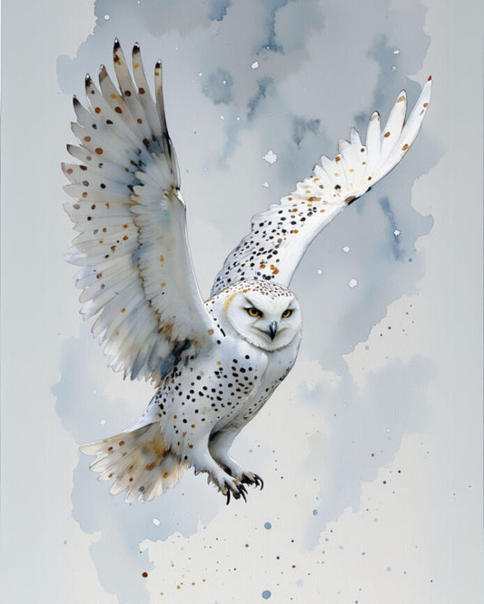 Snowy owl in flight against a watercolor-style background