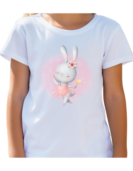 White t-shirt with a cartoon bunny in a pink dress on a white background