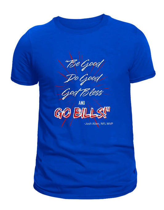 Blue t-shirt with motivational quote and sports team name on a white background