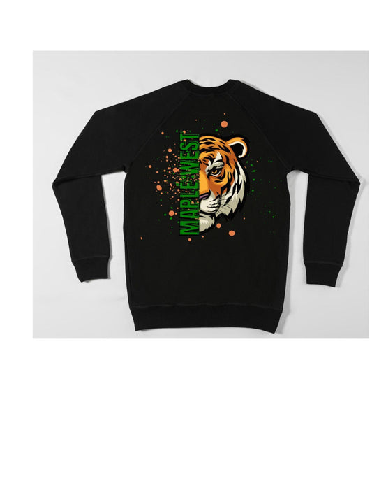 Black sweatshirt with a tiger graphic and text on a white background