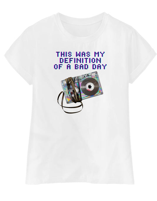 White t-shirt with a graphic of a cassette tape and text on a white background