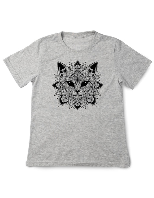 Gray t-shirt with a black mandala design featuring a fox face on a white background