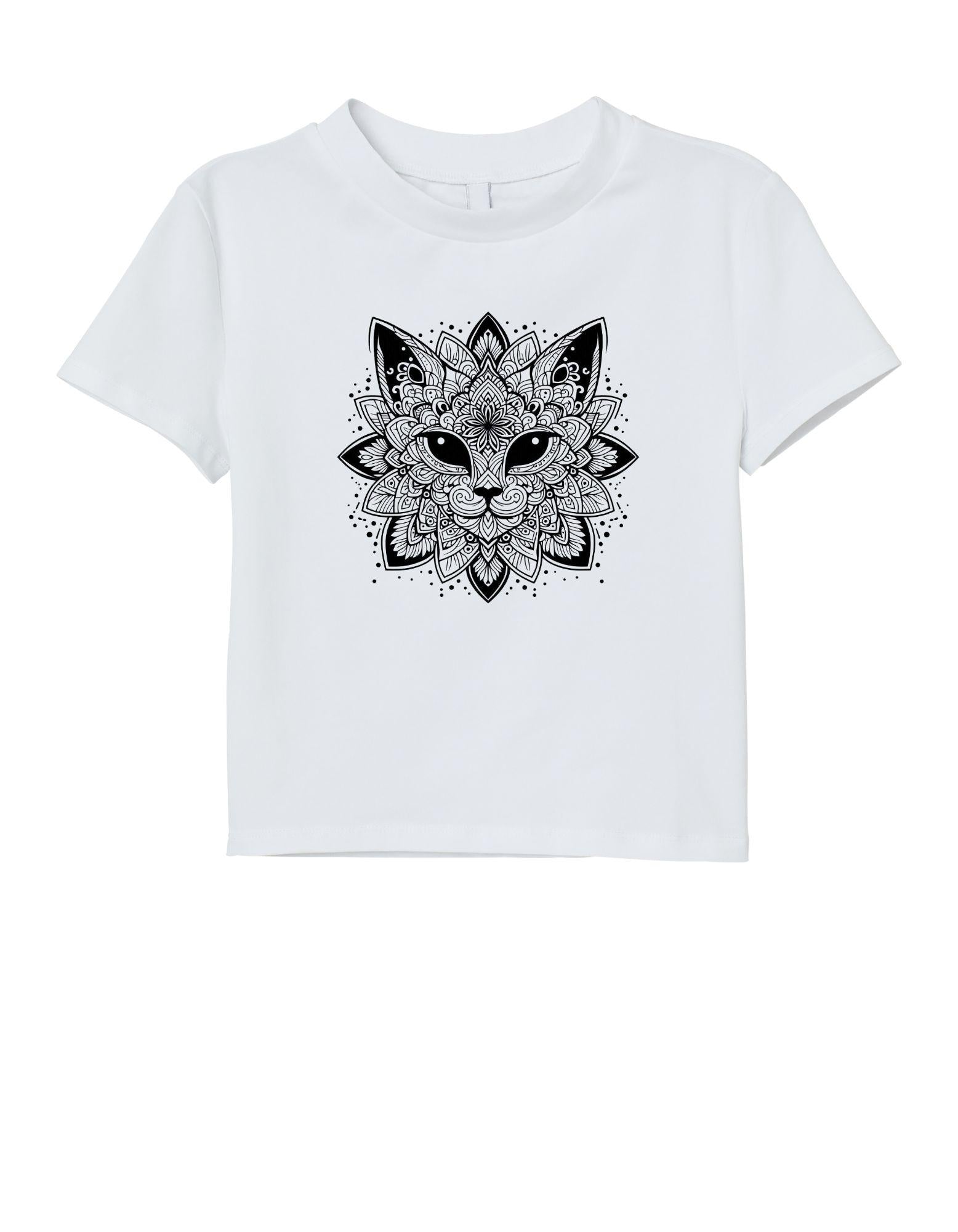White t-shirt with black mandala fox design on a white background