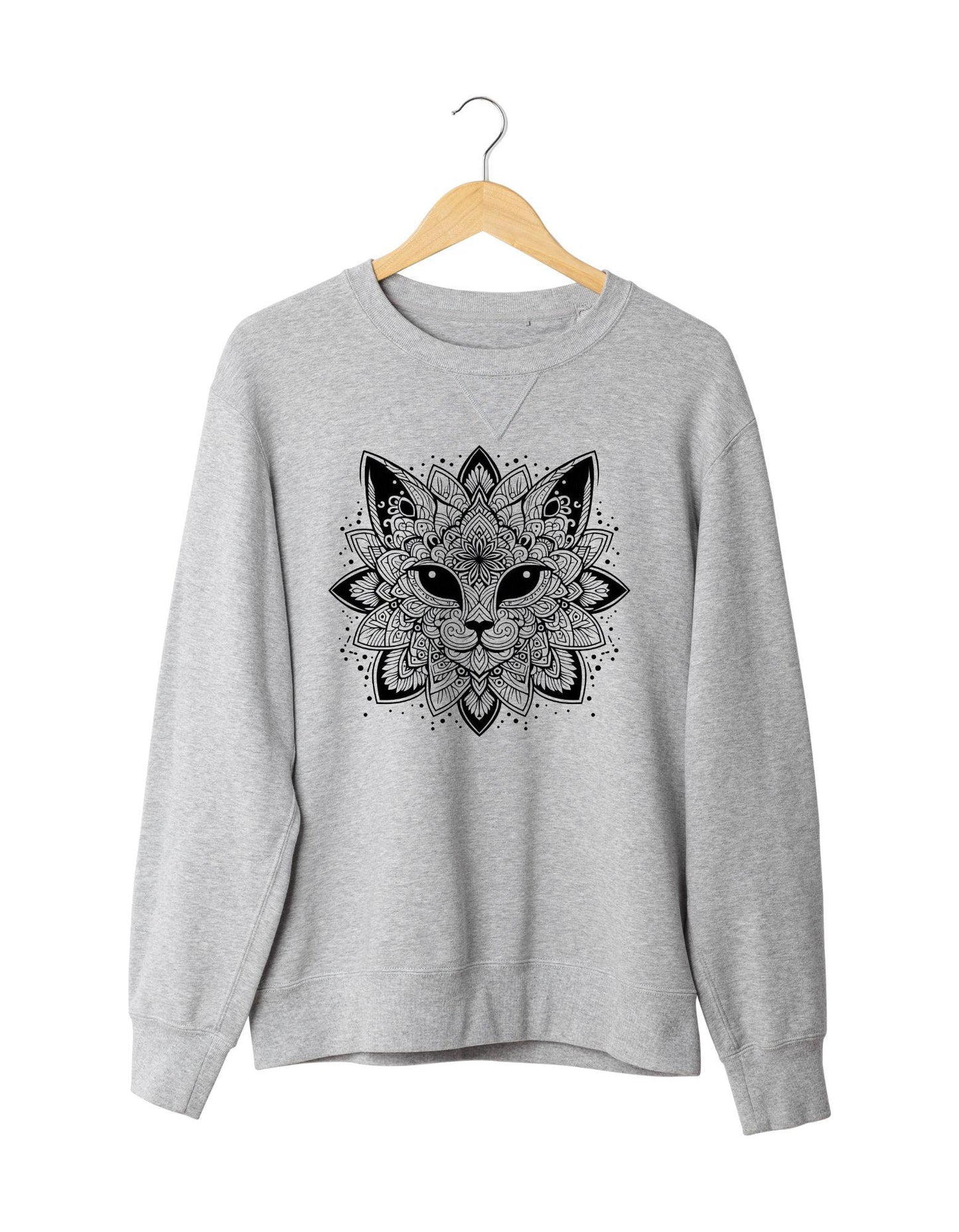 Gray sweatshirt with a black cat mandala design on a white background