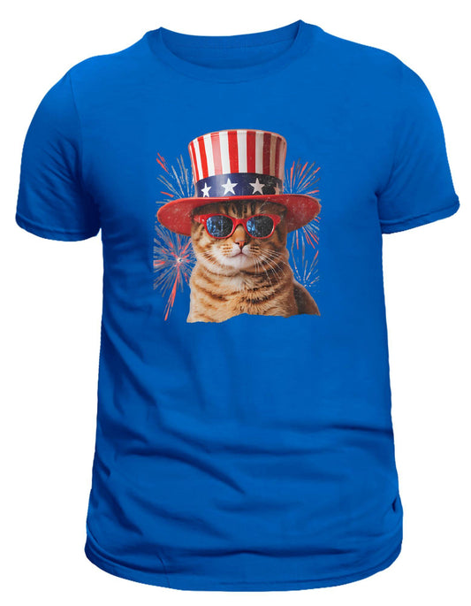 Blue t-shirt with a cat wearing an American flag hat and sunglasses design on a white background