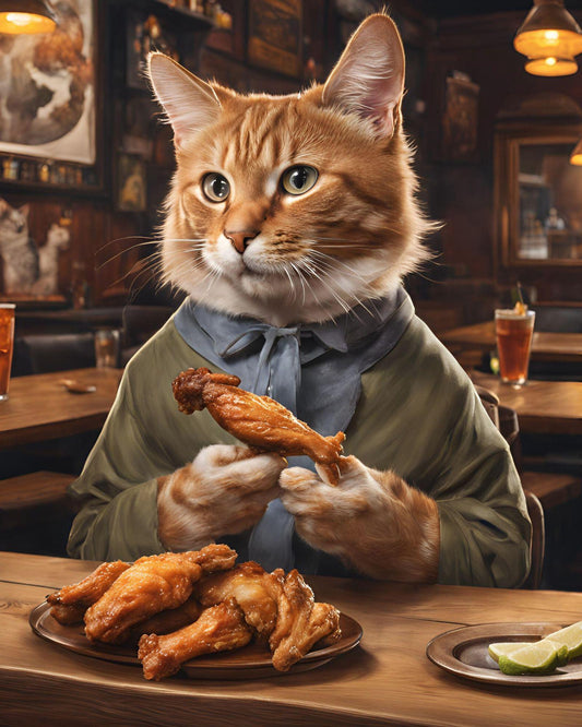 Cat in a suit holding a piece of chicken at a bar